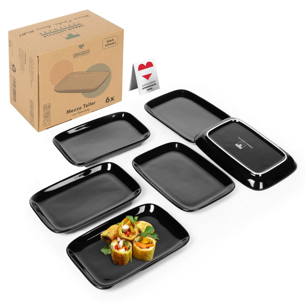 Urban Lifestyle Piatti Aperitivo Set da 6 Nero in Gres 15 x 10 cm Rettangolari Piatti Antipasti Tapas Sushi Piccoli Piatti da Portata Impilabili Resistenti ai Graffi