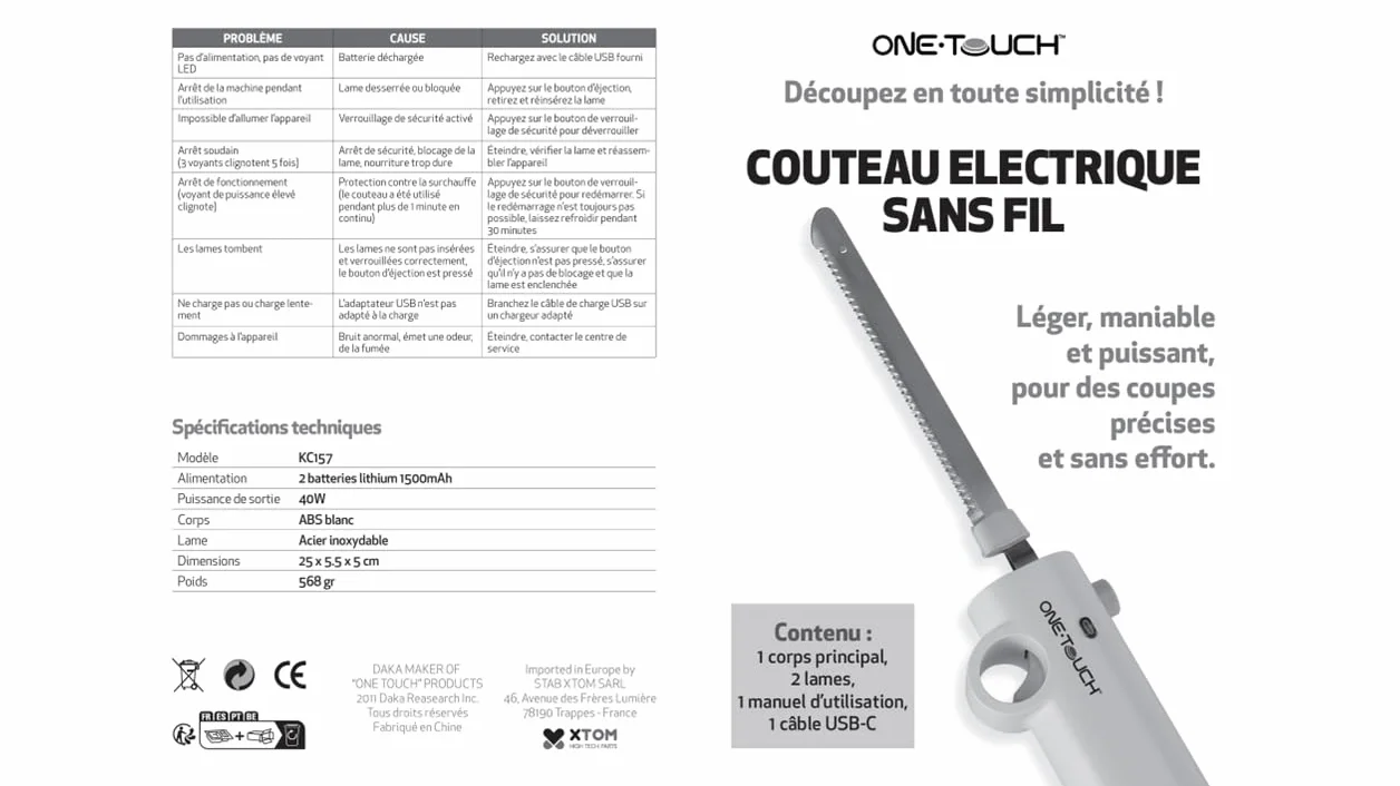 ONE TOUCH KC 157 - Coltello elettrico senza fili – Libertà totale – leggero, maneggevole, potente, per tagli precisi senza sforzo – perfetto per anziani o con problemi di presa