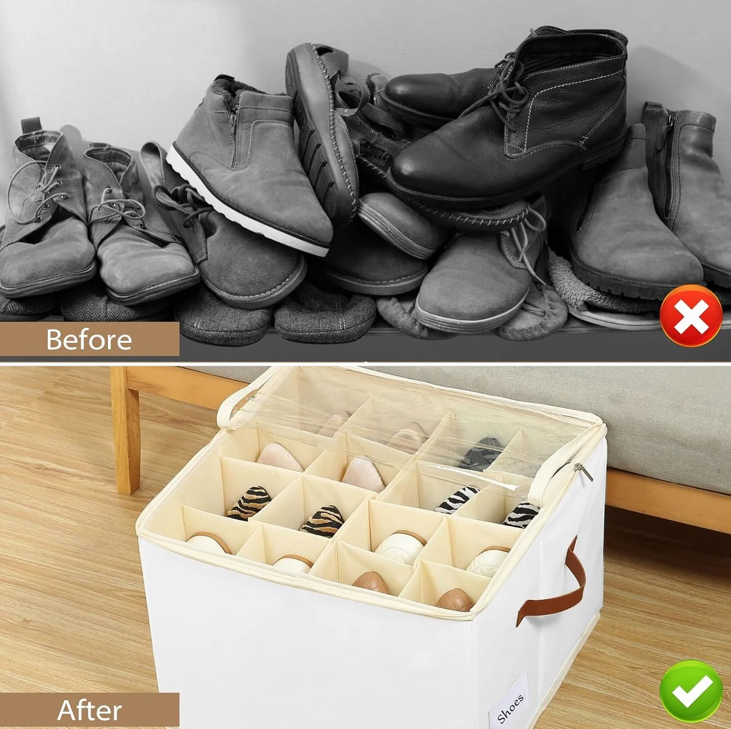 Scatole per Scarpe, Adatto per 12 Paia, Organizer Scarpe, Organizer per scarpe per armadio con coperchio trasparente e manici rinforzati per Camera da Letto, Ingresso, Armadio (2)