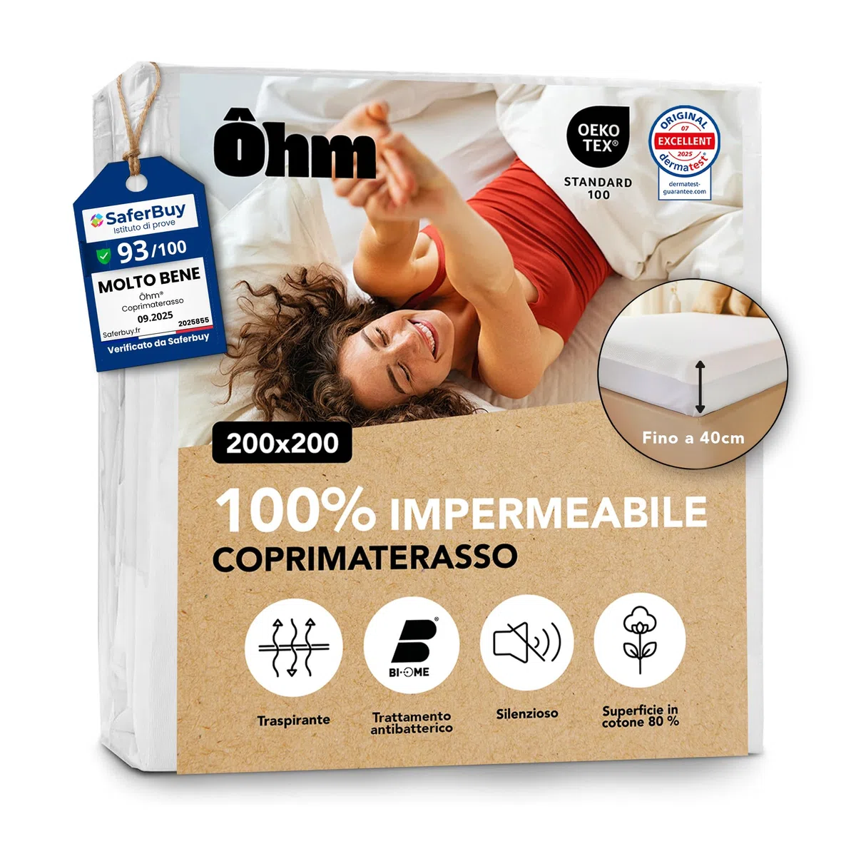 Coprimaterasso Matrimoniale Extra Large 200x200cm | Impermeabile e Silenzioso | Forma Telo con Fascia 40 cm | Cotone Assorbente e Anallergico | Trattamento Antiacaro | OEKO-TEX | Ôhm