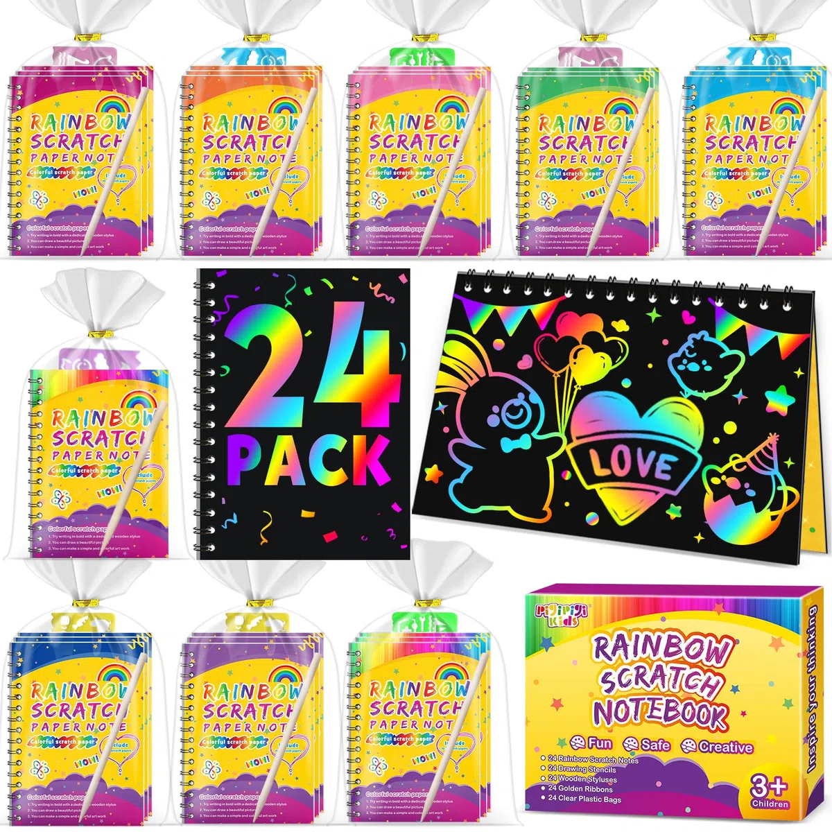Pigipigi Kids Scratch Art Bambini, 24 Set con Quaderno Grattare, Stencil e Penna Legno - Gadget Compleanno Bambini, Regalini Fine Festa Compleanno Bambini - Lavoretti Creativi