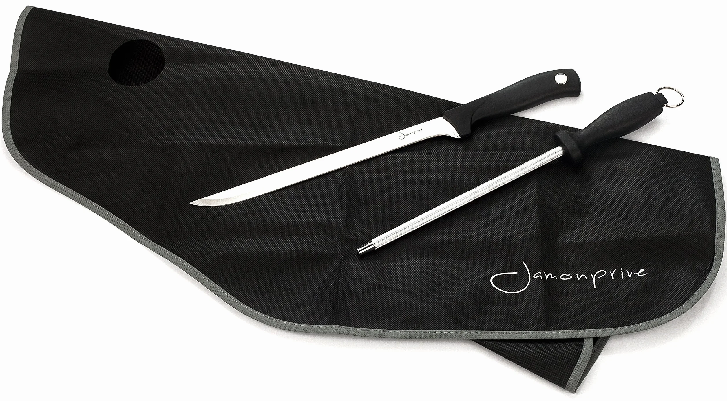 Coltello da Prosciutto con Affilacoltelli e Copri Prosciutto - Set Ideale per Tagliare il Prosciutto Italiano, il Prosciutto Serrano e il Jamon Pata Negra Iberico
