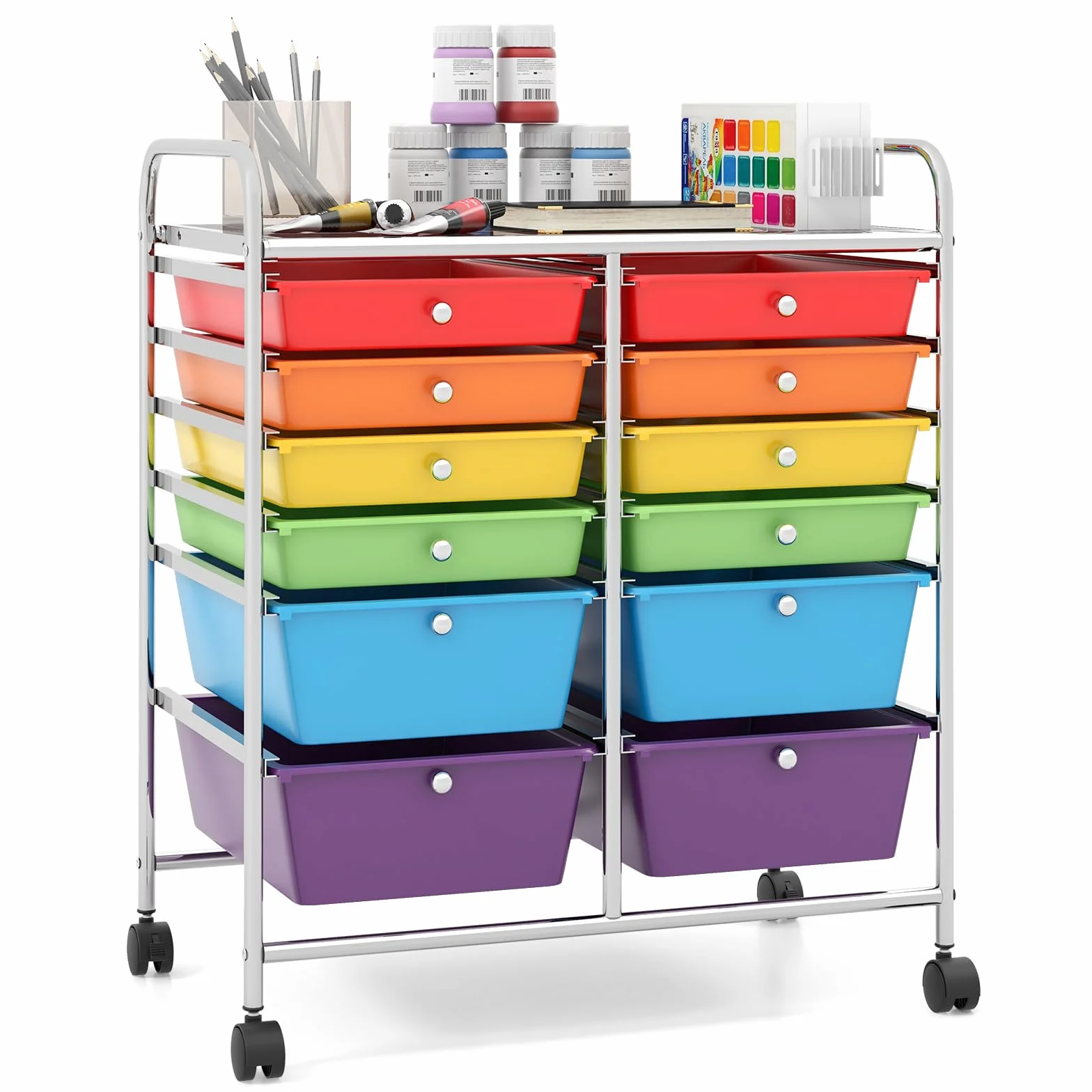 COSTWAY Carrello con 12 Cassetti con Ruote, Carrello di Stoccaggio Multiuso con Ampio Spazio di Archiviazione, Ideale per Casa Ufficio Domestico, 73,5 x 37 x 63 cm (Colorato)