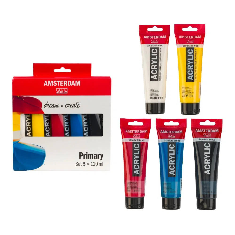 Amsterdam Standard Series Pittura Acrilica | Set di Miscelazione Teoria dei Colori (5 x 120 ml) | Colori Primari + Bianco e Nero