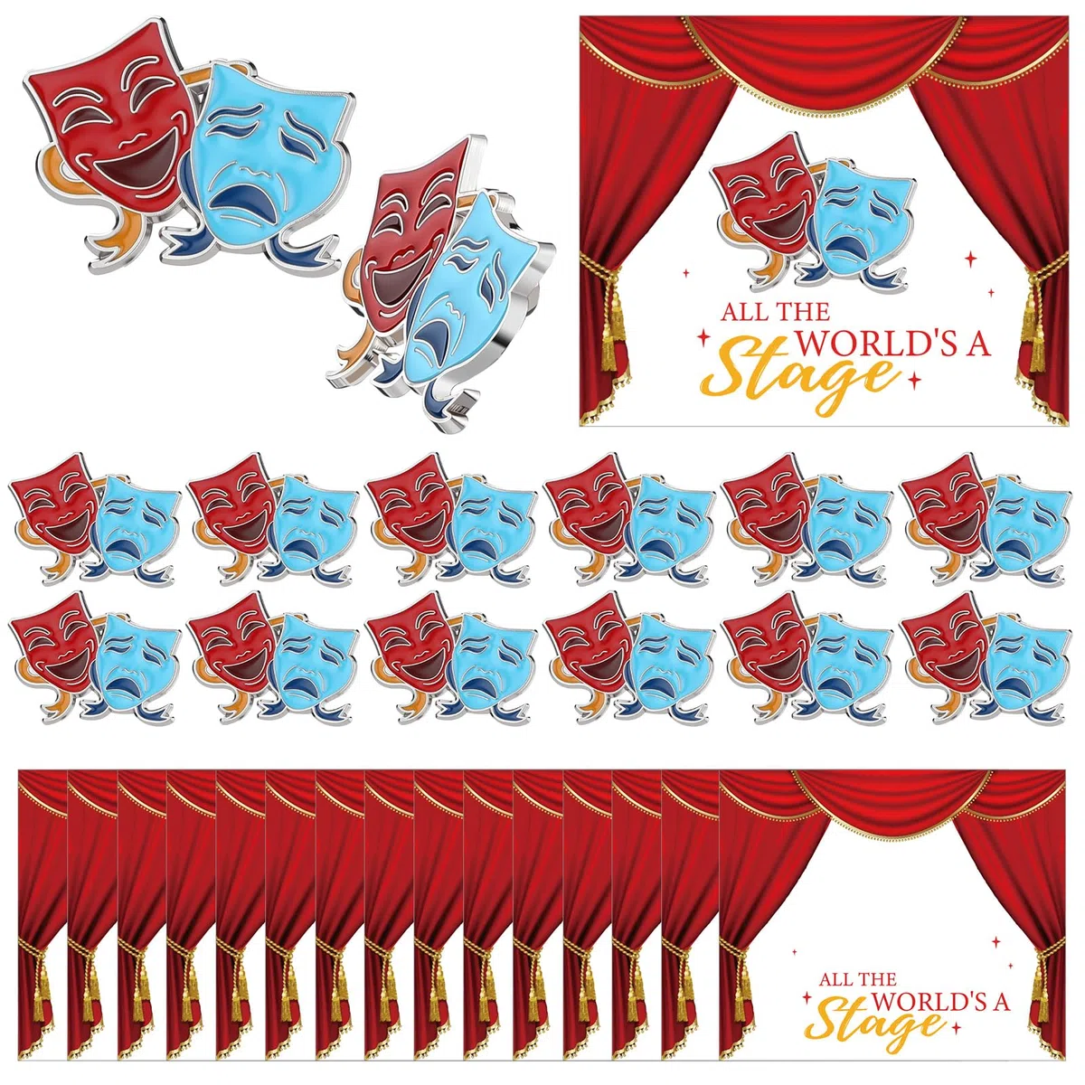 Huquary 36 spille per regali teatrali con maschere teatrali con 36 biglietti di auguri, commedia, tragedia, maschere, cappello, spettacolo, premio teatro, bavero, distintivo, per studenti di teatro
