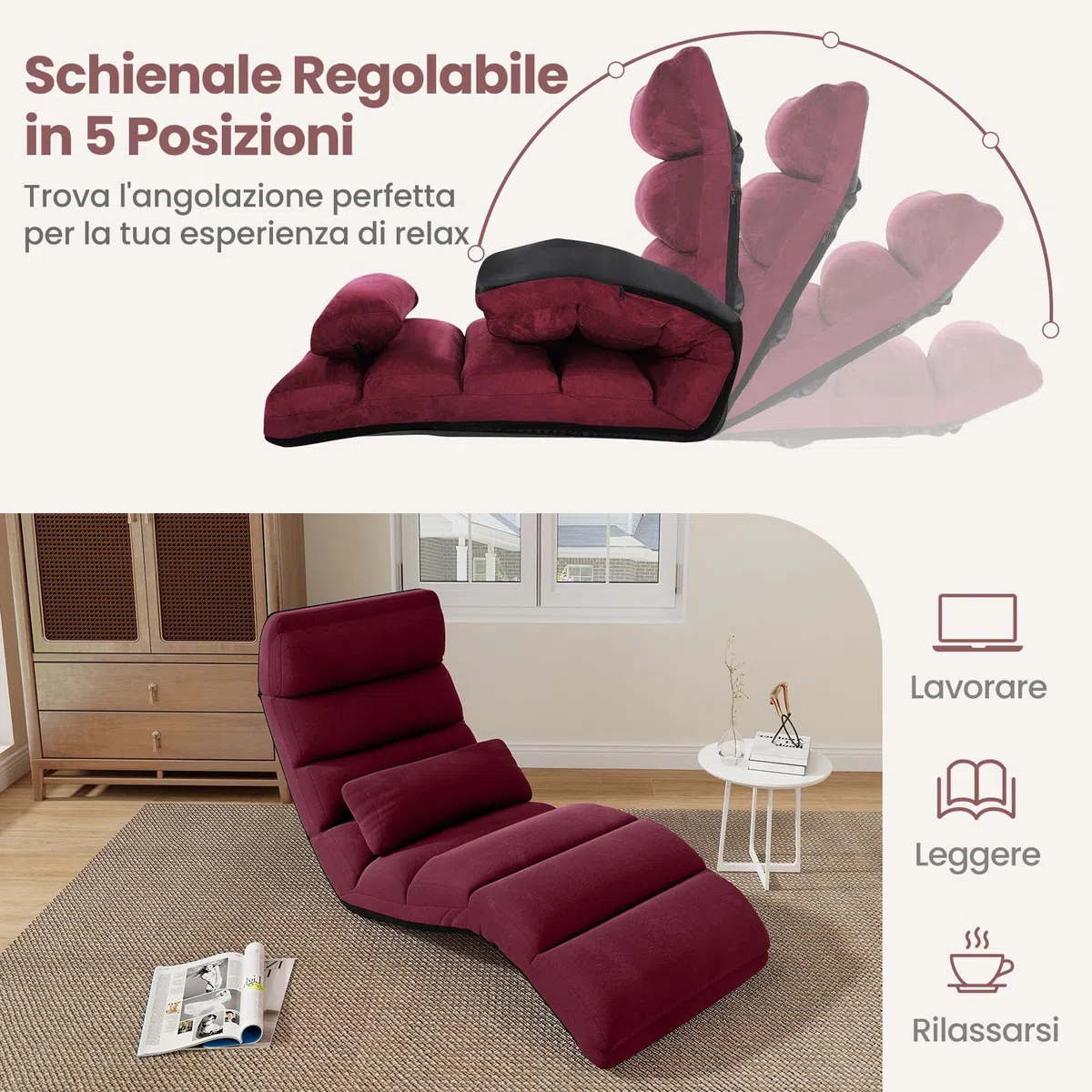 COSTWAY Sedia Pieghevole da Pavimento Portatile, Divano Imbottito, Regolabile in 5 Posizioni, Supporto per la Schiena, Ideale per Rilassarsi Leggere (Rosso)