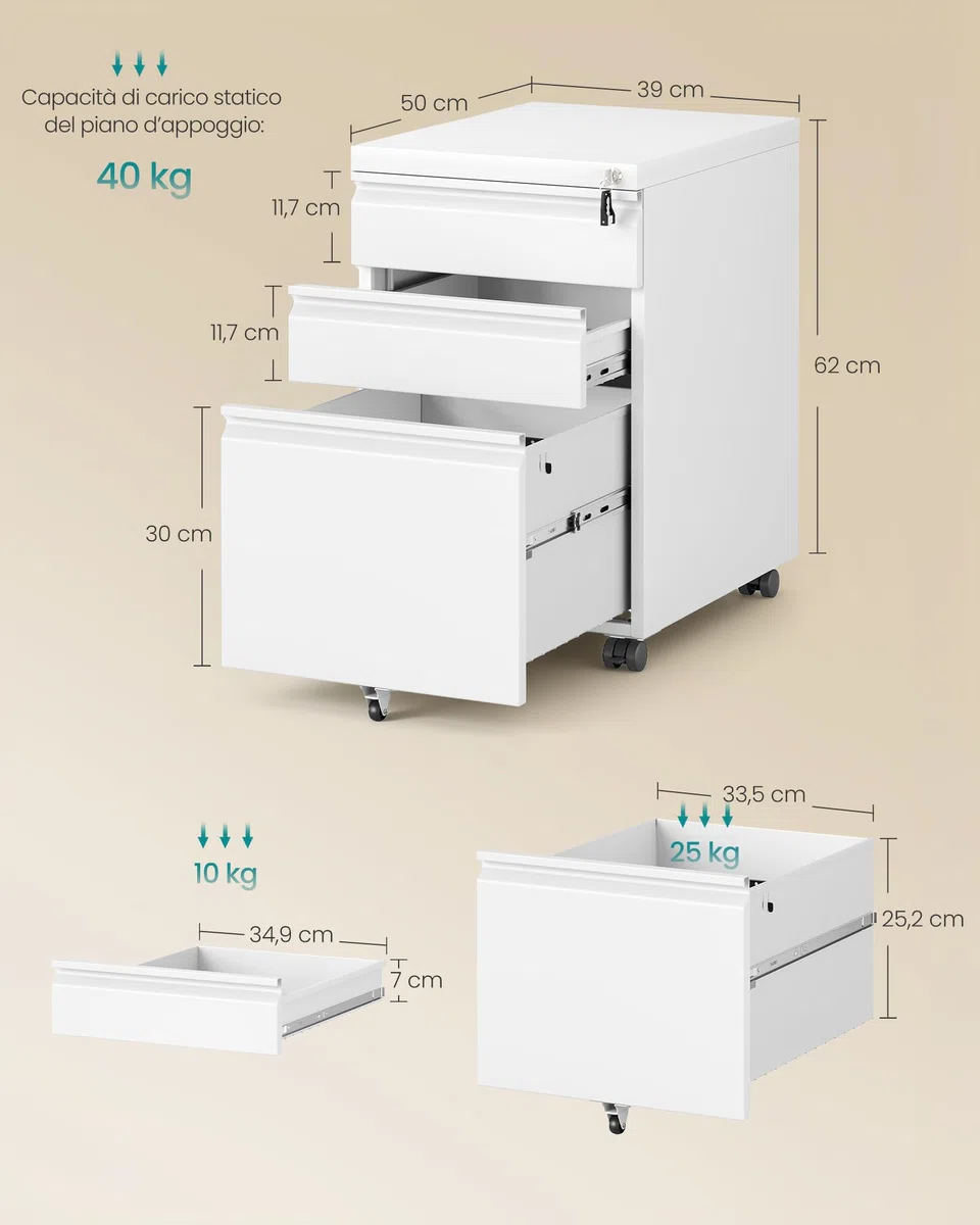 SONGMICS Mobile per Documenti a 3 Cassetti, Cassettiera da Ufficio in Metallo, Acciaio, 3 Cassetti con Serratura, Supporto con Ruote per Stampante, 39 x 50 x 62 cm, Bianco Opaco OFC033W101
