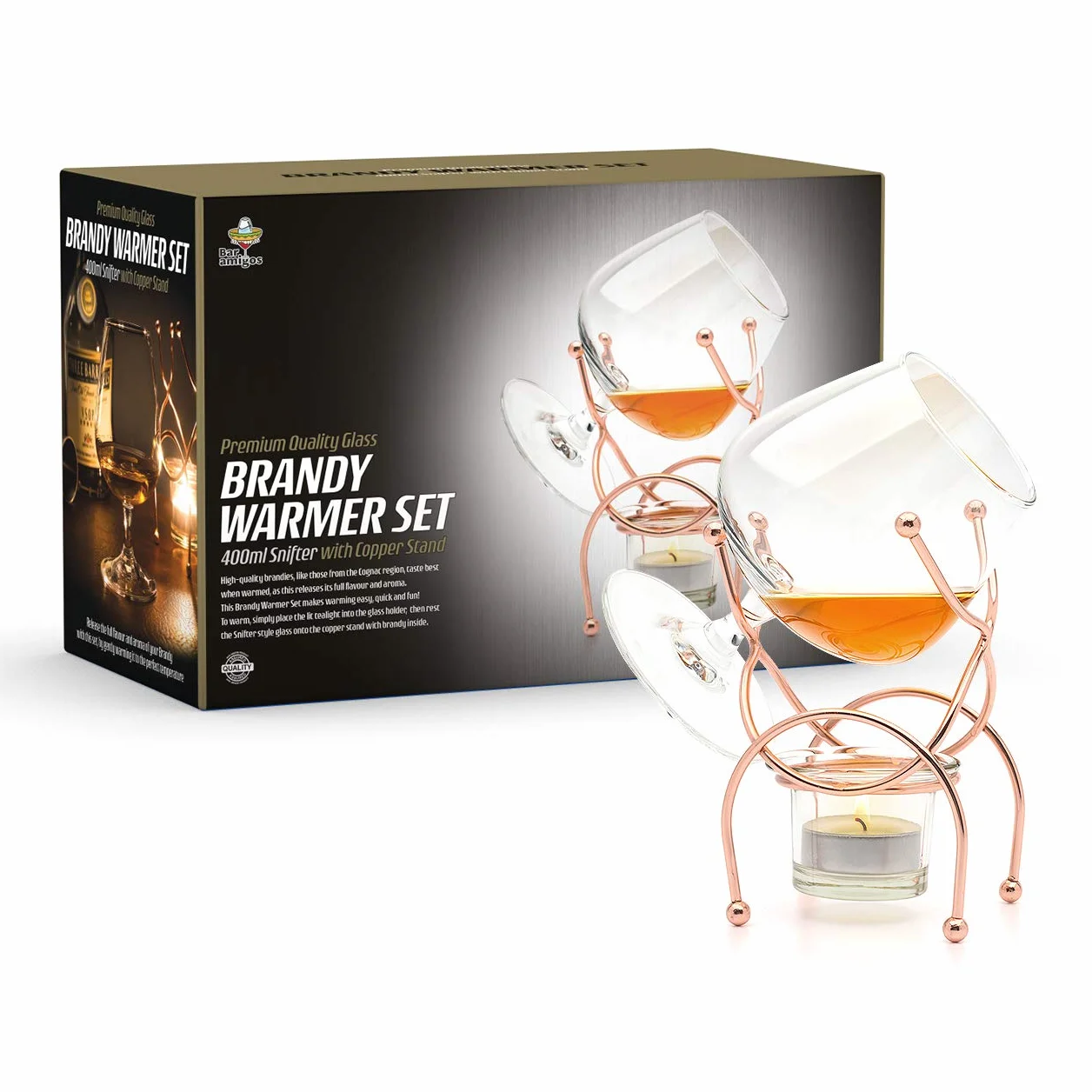 Bar Amigos, Set da regalo di qualità con bicchiere snifter e supporto in rame per scaldare brandy e cognac, con lumino