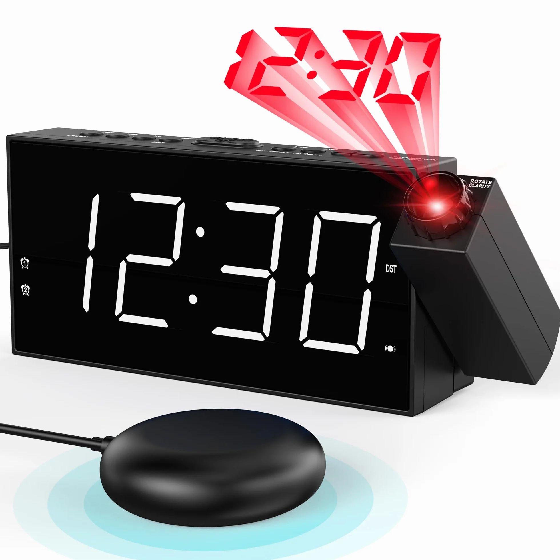 Sveglia A Vibrazione Digitale Con Vibratore per Sordi, Proiezione per Camera da Letto, Doppie Sveglie, Luminosità Regolabile, Volume, Porta USB, Bianco