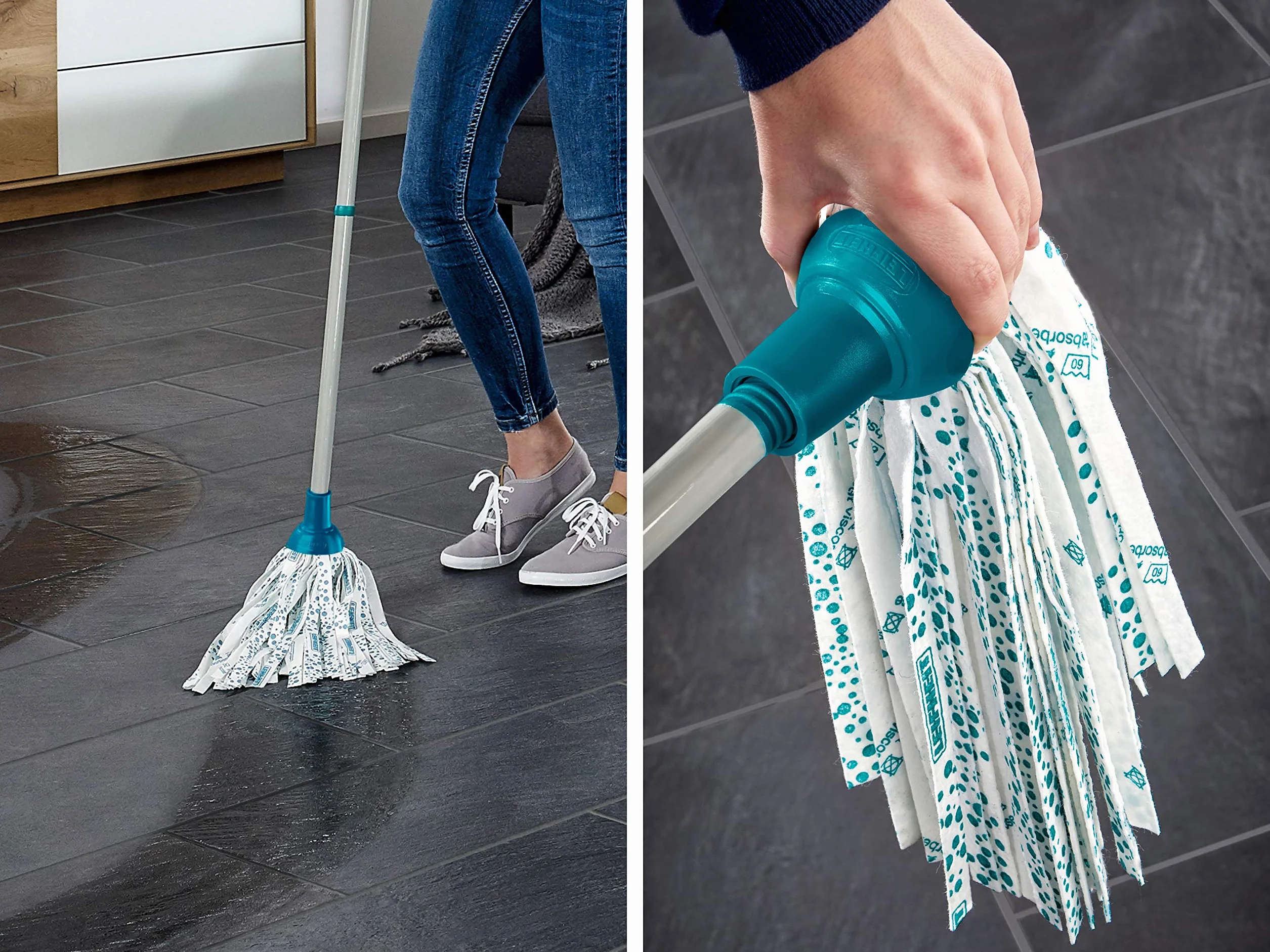 Leifheit Set Classic Mop Pavimenti In Viscosa Con Fibre Assorbenti, 39 X 29 X 29 Cm, Turchese