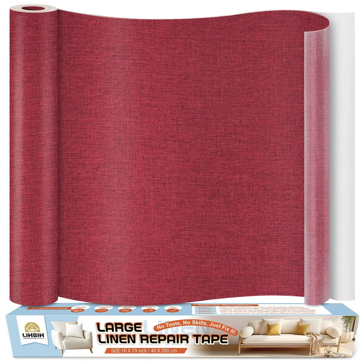 Toppe Adesive per Tessuti Rosso scuro, 40x200 cm Patches di Tessuto di Lino Autoadesive, Stoffa Adesiva per Riparazioni Divano, Tessuto Adesivo per Riparazione Sedili Auto, Cuscini, Le Tende
