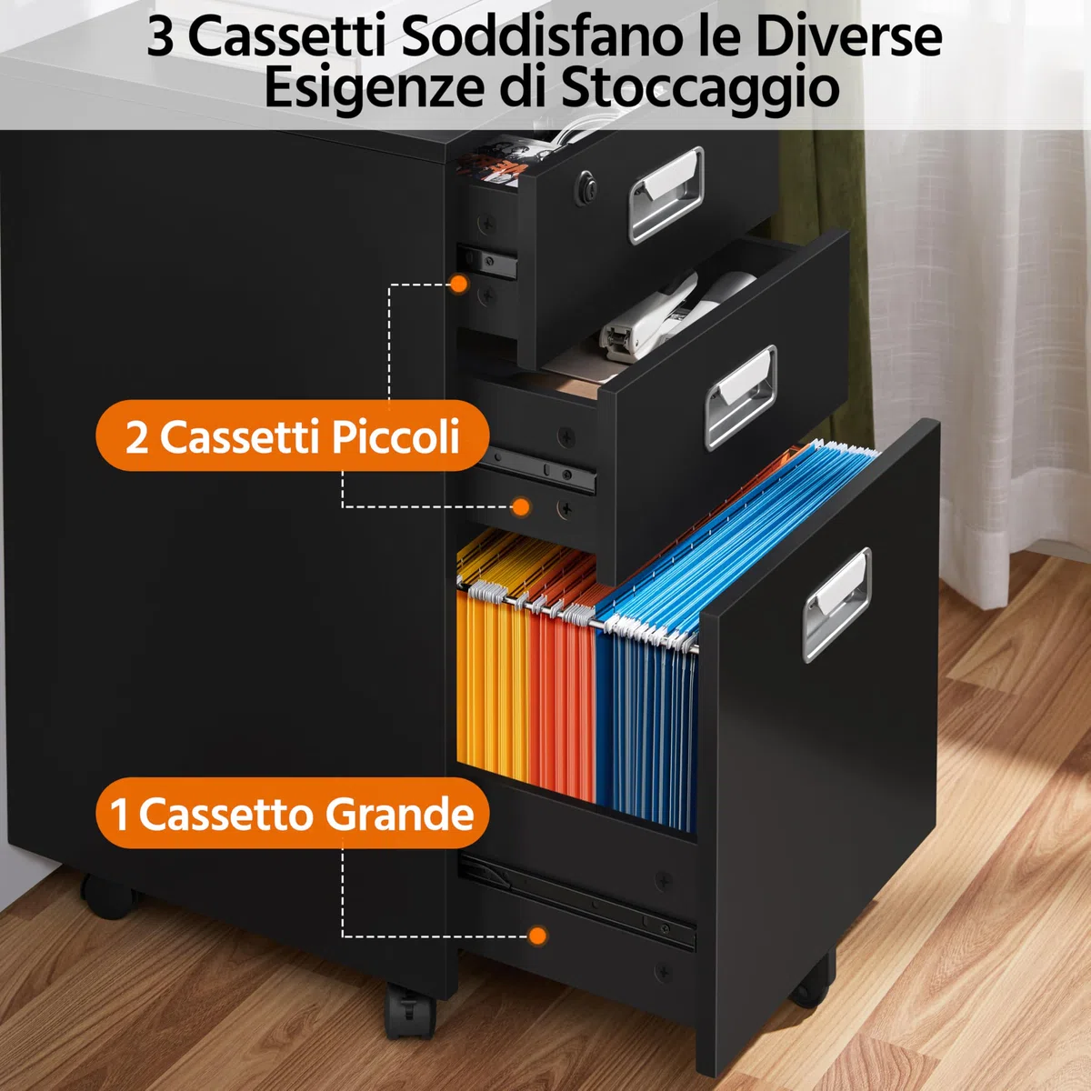 Yaheetech Cassettiera da Scrivania con 3 Cassetti Salvaspazio Archivio Schedario Portadocumenti Mobiletto da Ufficio Rimovibile con Ruote per Ufficio Studio (Nero)