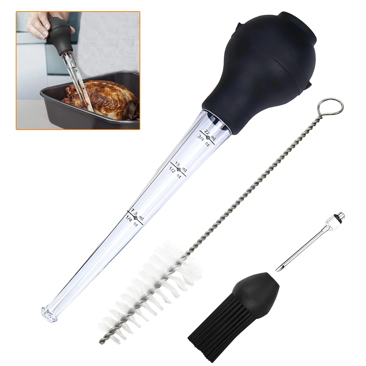 Siringa per Carne, Siringa per Arrosti, Siringa per Alimentare, Utensile Cucina Siringa Inclusa Pennello in Silicone, Pulizia Pennello, Iniettore Alimentare per Manzo, Pollo, Maiale, Tacchino