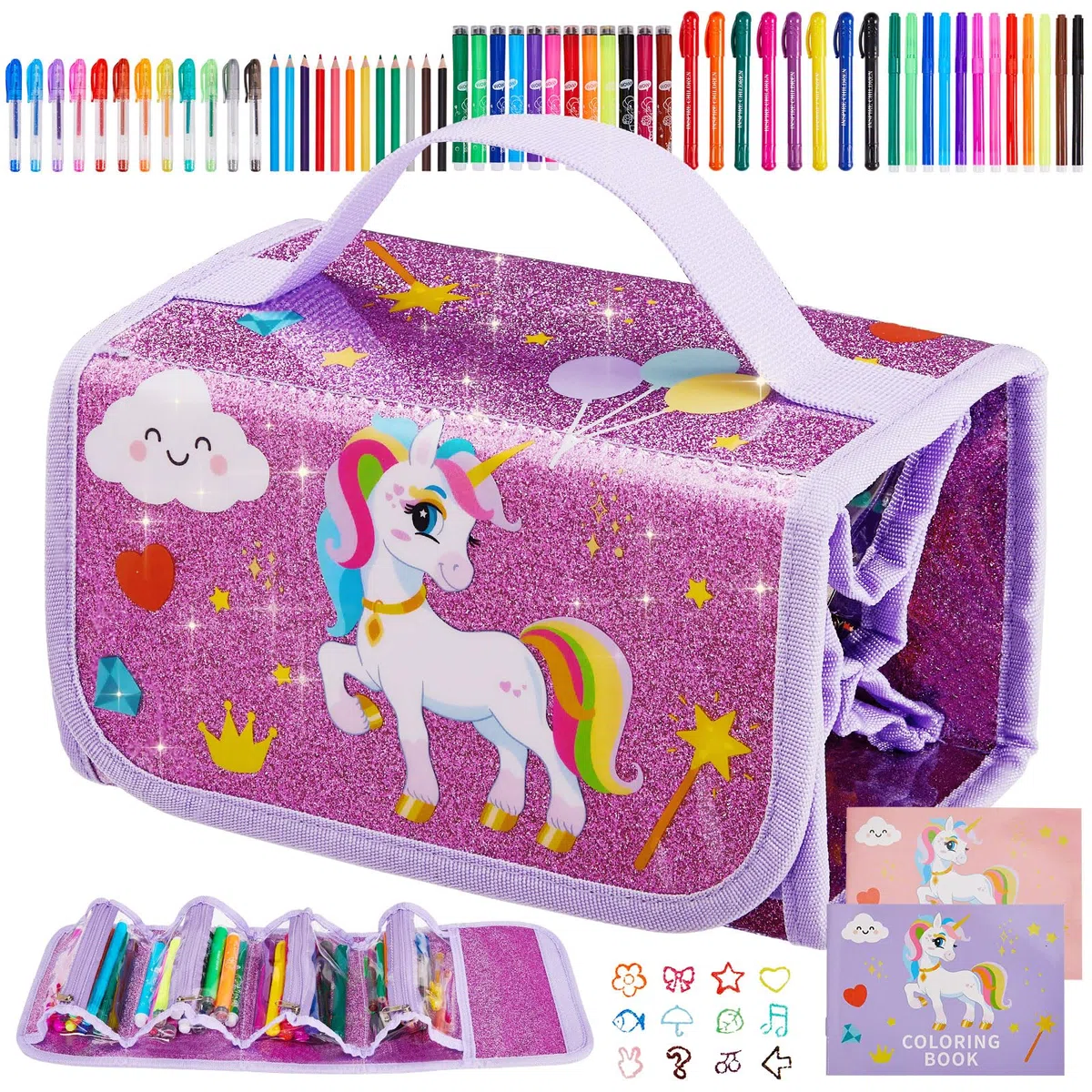 KINSPORY Regali a tema unicorno per ragazze età 4 5 6 7 8 9 10, giocattoli per ragazze, set da colorare, astuccio con unicorno con penne glitterate profumate, pastelli girevoli e divertenti pennarelli