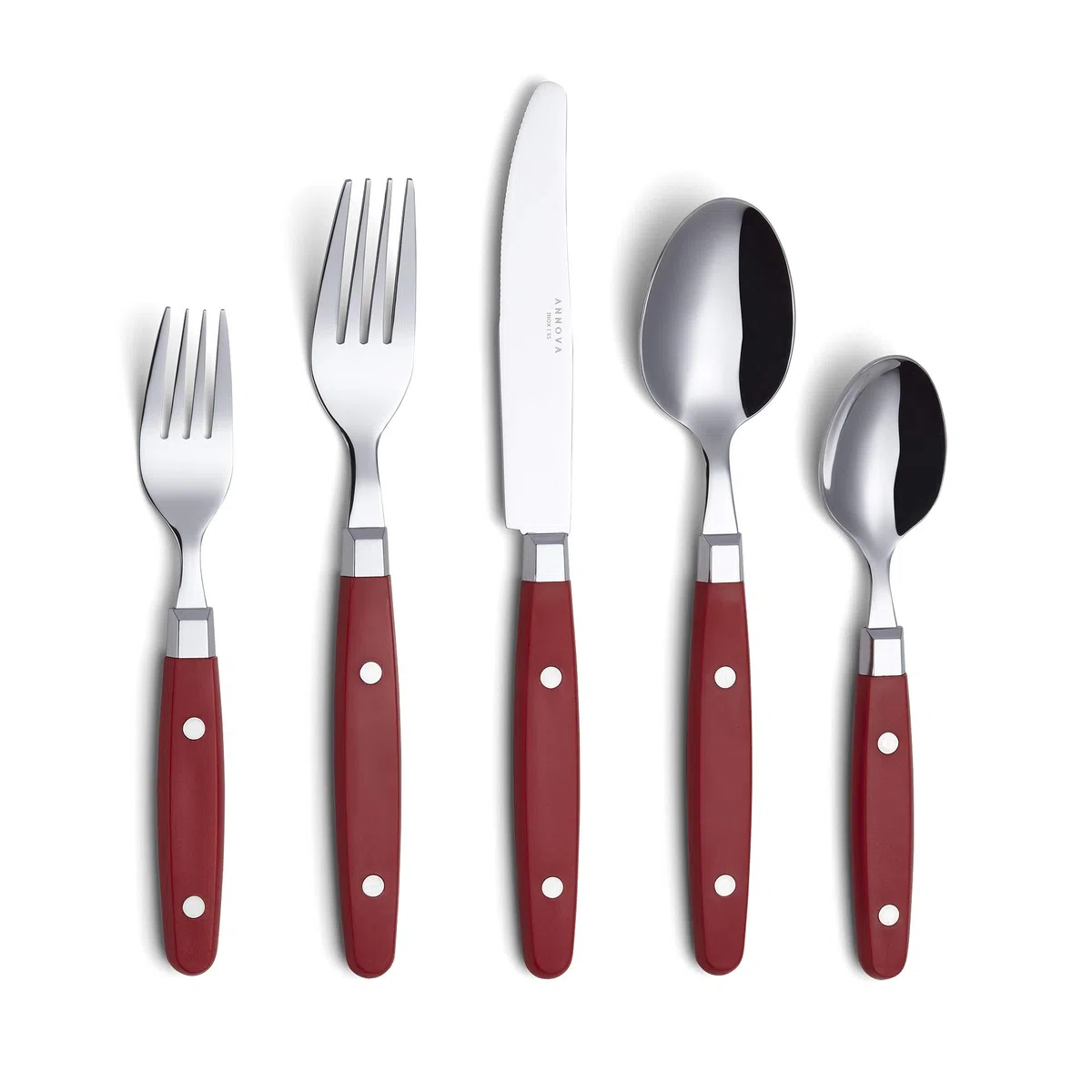 Annova, set di posate in acciaio inox con manico colorato con rivetto/posate stile retrò (Rosso, 20 Pieces)