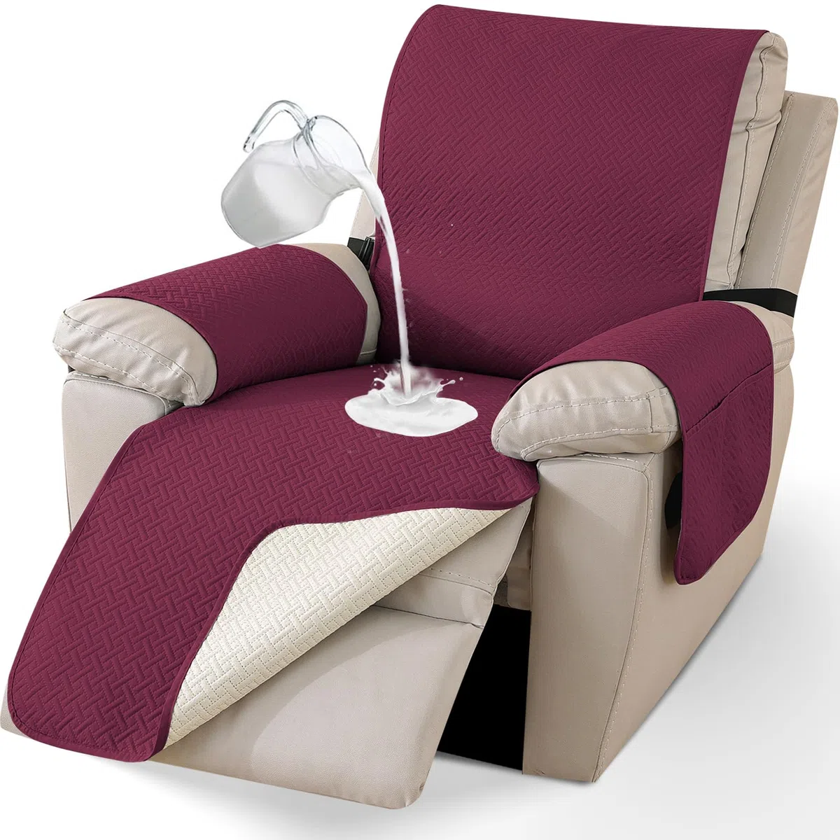 Copripoltrona 1 Posto Relax Reclinabile, Impermeabile Copripoltrona Elettrica Reclinabile, Universale Copri Poltrona Con Braccioli, Copripoltrone Con Tasche Laterali, Bordeaux