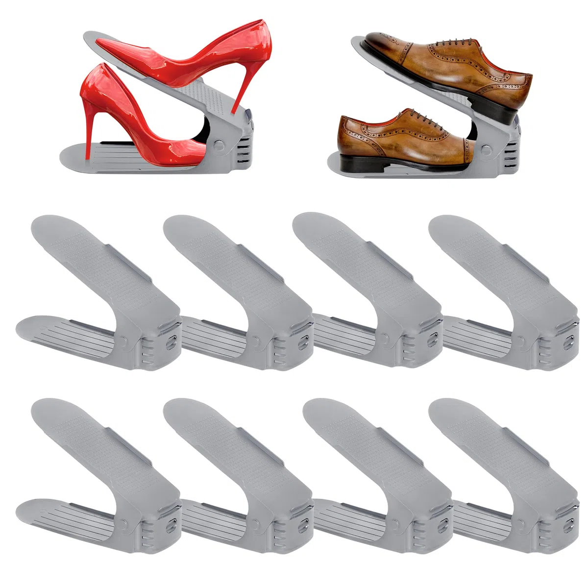 FIVMEN Set di 10 fessure per scarpe regolabili in PP antiscivolo, portascarpe regolabili in altezza, salvaspazio, organizer per scarpe per la casa, doppio strato (grigio)
