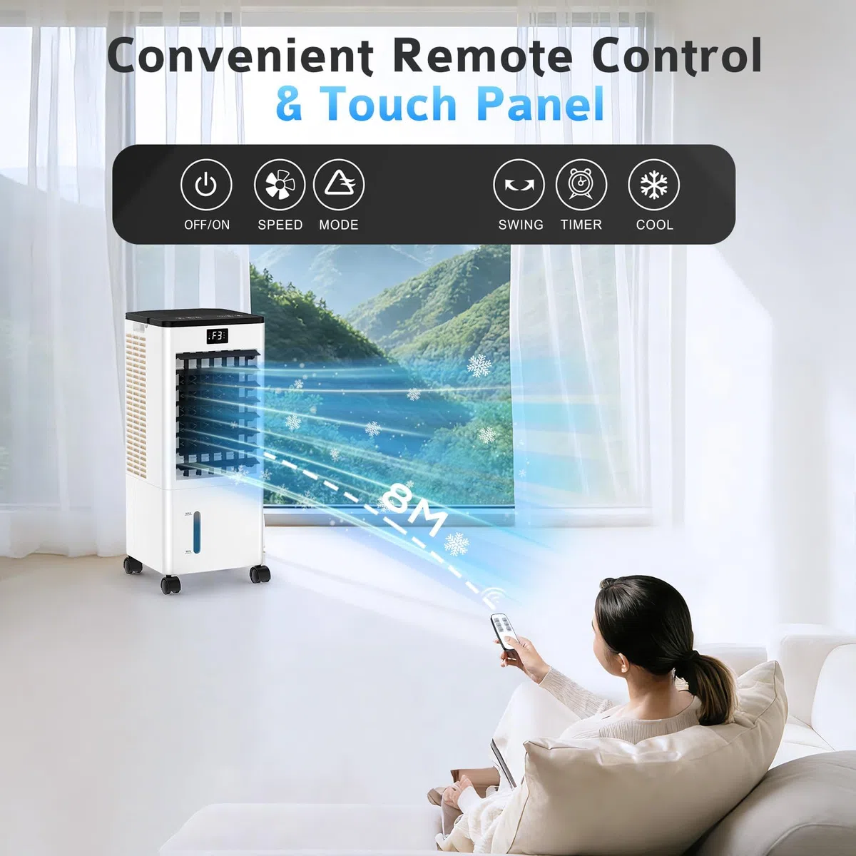 Condizionatore Portatile Senza Tubo, Raffreddatore d’Aria 4 in 1, 4 Modalità 3 Velocità, Climatizzatore Evaporativo 60 W, Timer 1-12 H, con Telecomando, 4 Ruote per Casa e Ufficio