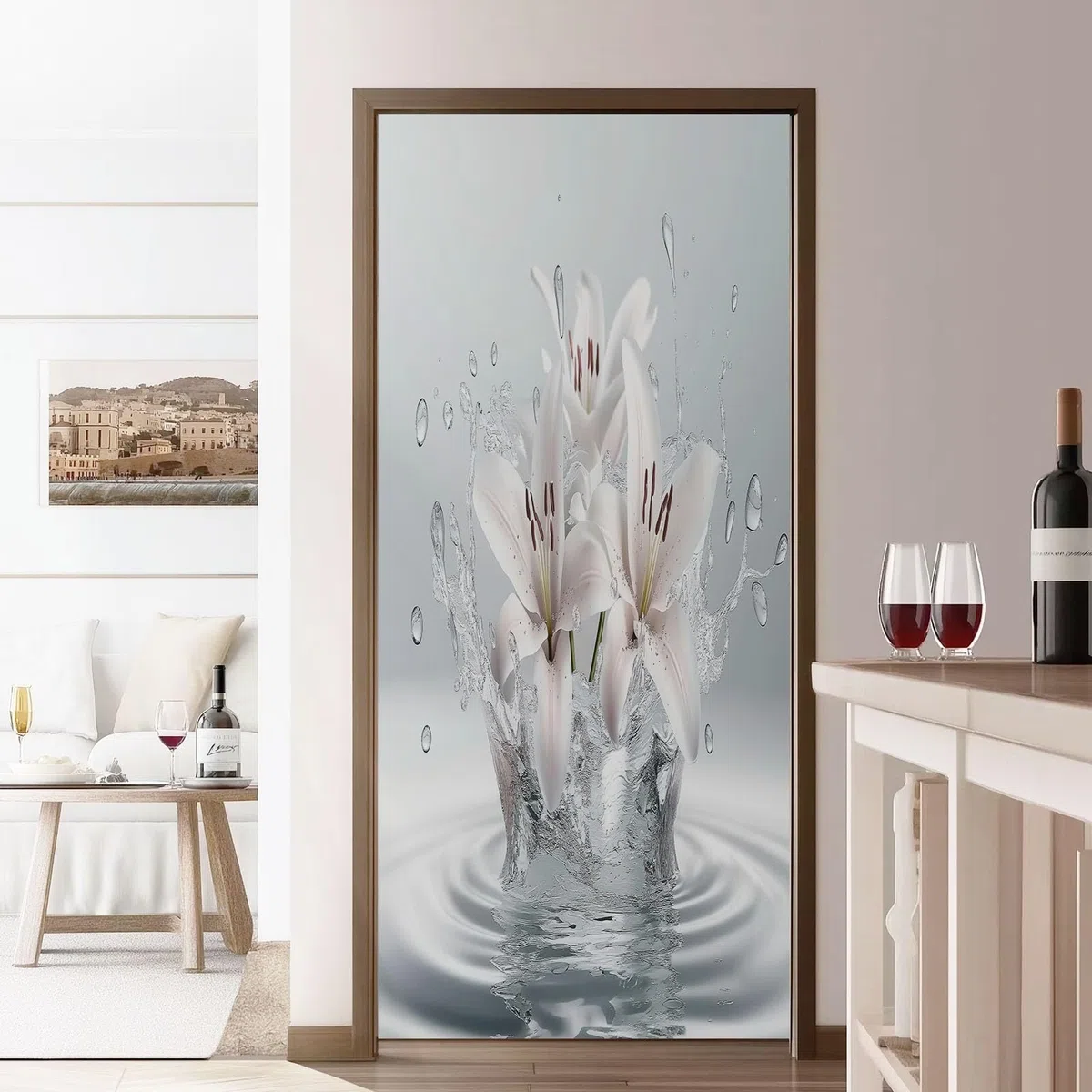 Adesivo Per Porte 3D Per Porte Interne, 80 x 210 cm 3D Piante Giglio Gocce D'Acqua Fotomurali Autoadesivi Impermeabile Porta In PVC, Carta Da Parati Soggiorno Cucina Camerette, Bianco Grigio