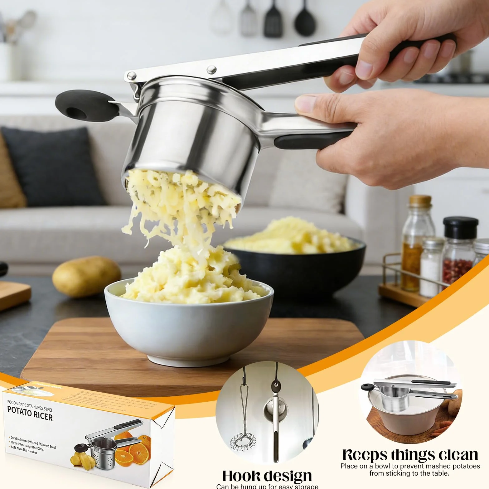Schiacciapatate in Acciaio Inox con 4 Dischi e Pelapatate – Pressa per Patate Robusta e Professionale, per Purè, Gnocchi e Pappa per Bambini – Heavy Duty, Lavabile in Lavastoviglie