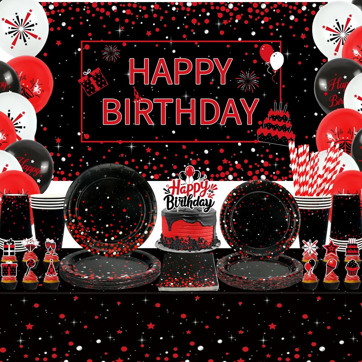 Decorazione di compleanno rosso e nero – accessori per feste rosso nero, tra cui striscioni, piatti, decorazioni per torte, bicchieri, tovaglioli, palloncini, tovaglie, per 20 persone (BJ)