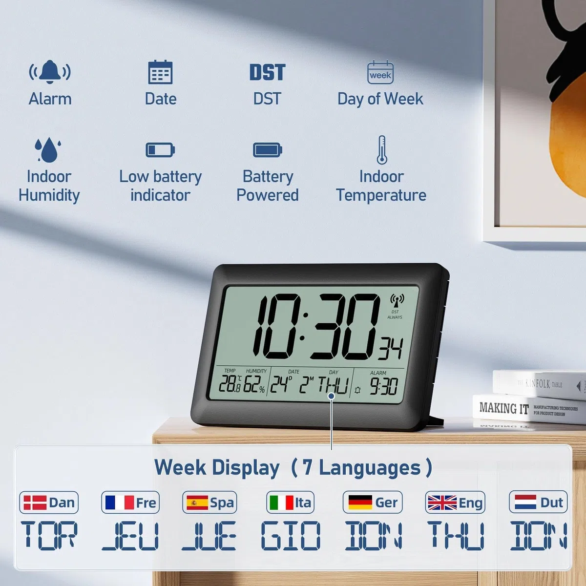 LATEC Orologio, Sveglia Digitale Radio Controllata con Ampio Schermo LCD da 7,5" - Orologio Digitale a Batteria con Temperatura/Umidità/Calendario - Sveglia/Funzione Snooze – Retroilluminazione
