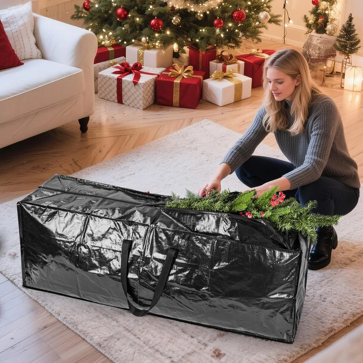 Set di 4 sacchetti per albero di Natale, impermeabili, organizer per alberi sezionali, decorazioni, luci e confezioni regalo, con manici rinforzati e cerniera resistente