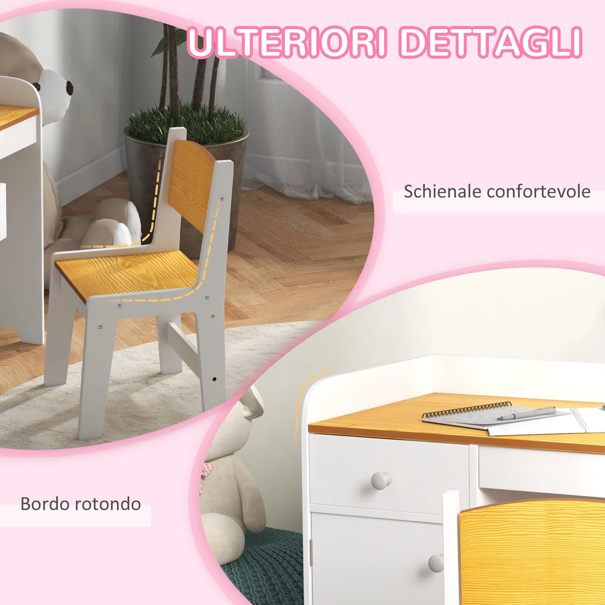 ZONEKIZ Tavolo Scrivania per Bambini con Sedia, Banco Scuola per Bambini da 3 a 6 Anni in Legno con Cassetto e Seggiola Abbinata, Bianco