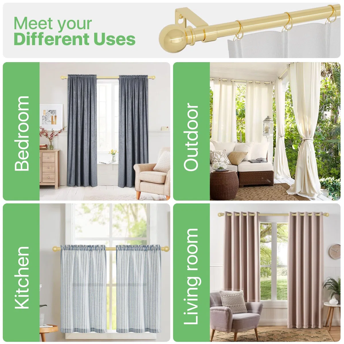 bastone tenda oro 3 metri set bastone per tende regolabile con staffa bastone per tende in metallo diametro 5/8 per esterni interni camera da letto soggiorno 80 300 cm