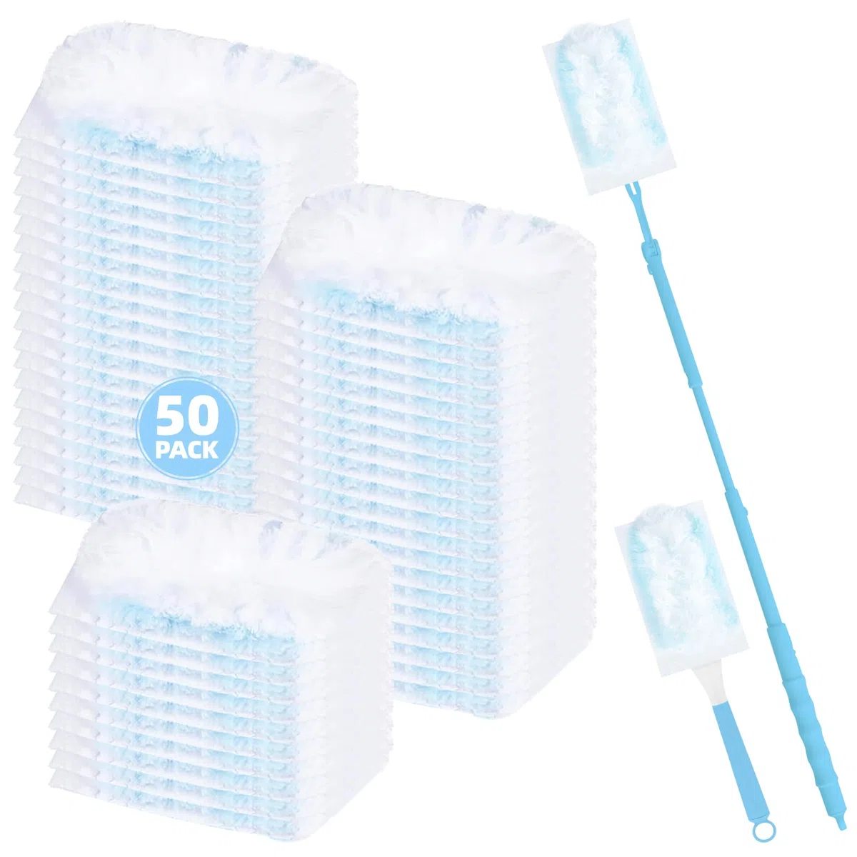 52 Pezzi Panni Catturapolvere Compatibile con Swiffer Ricarica Panno Magnetico per la Polvere per Pulire Peli di Animali, Polvere e Sporco (50 Piumini + 2 Manici, Blu)