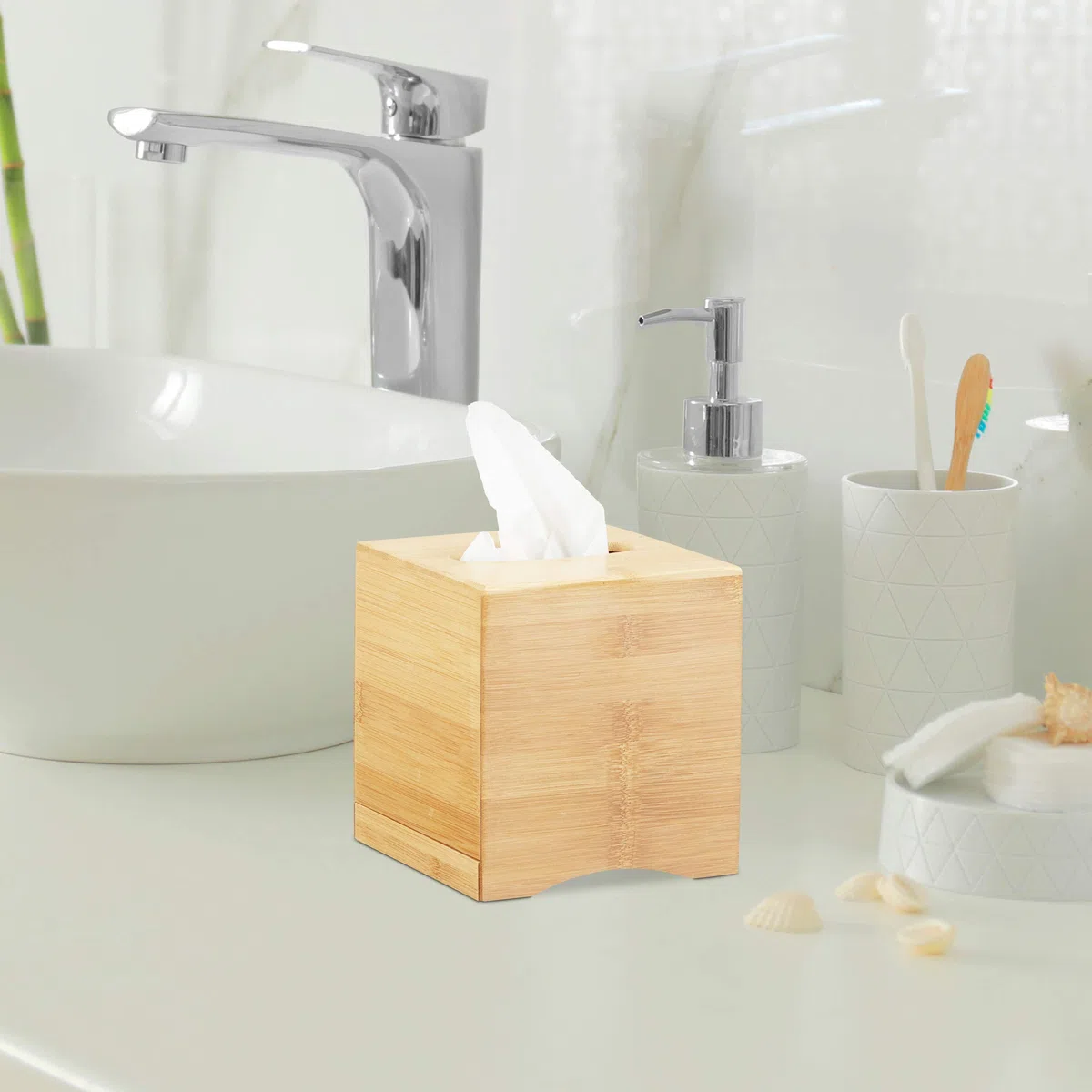 Relaxdays Portasalviette, Quadrato, Scatola Portafazzoletti, Portacosmetici in Bambù, HLP: 15,5x14,5x14,5 cm, Naturale