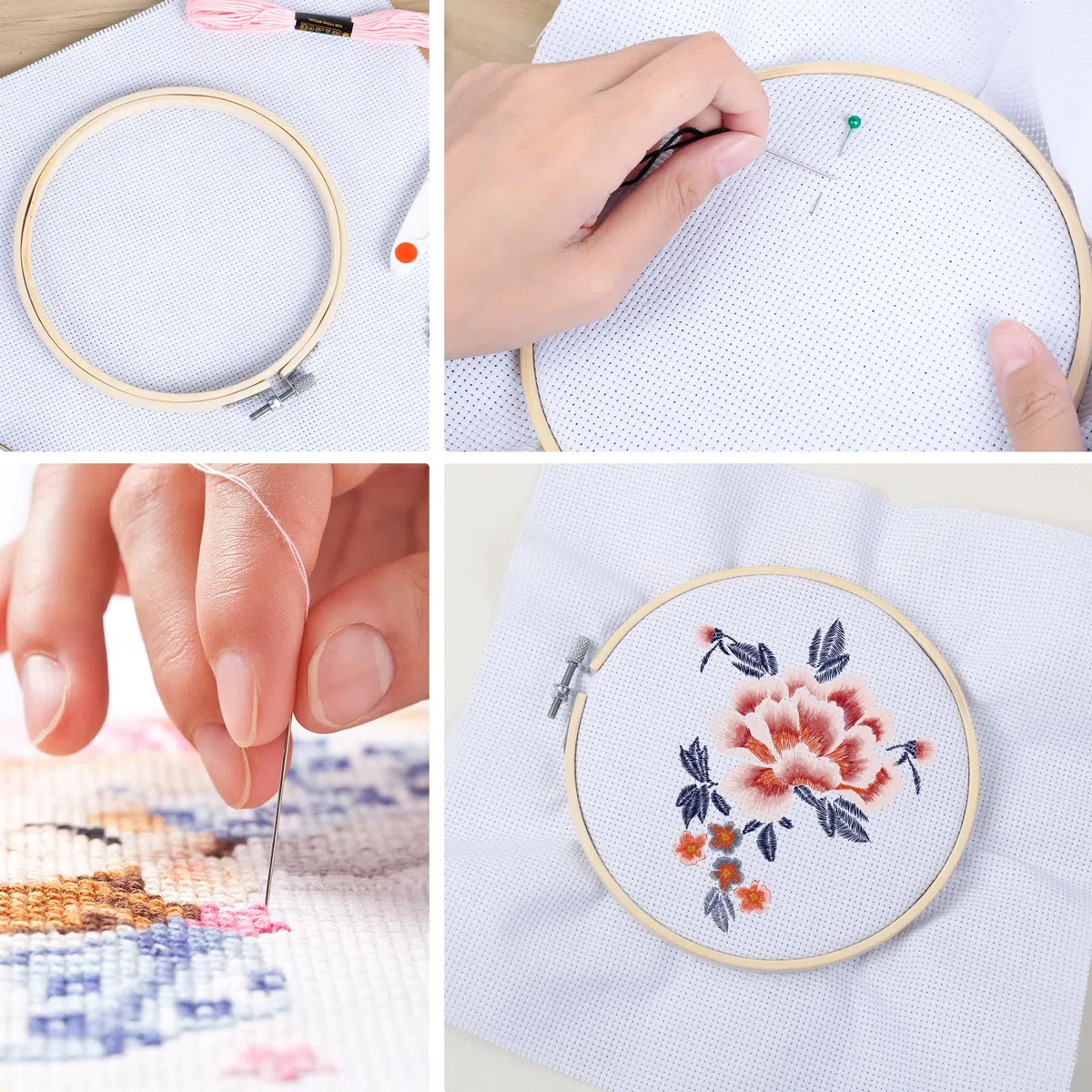 Romon Filo da Ricamo, Kit da Ricamare Braccialetti Kit Punto Croce con 5 Cerchi In Bambù, 100 Fili Colorati, 3 Pezzi di Tela Aida e Strumenti per il Cucito
