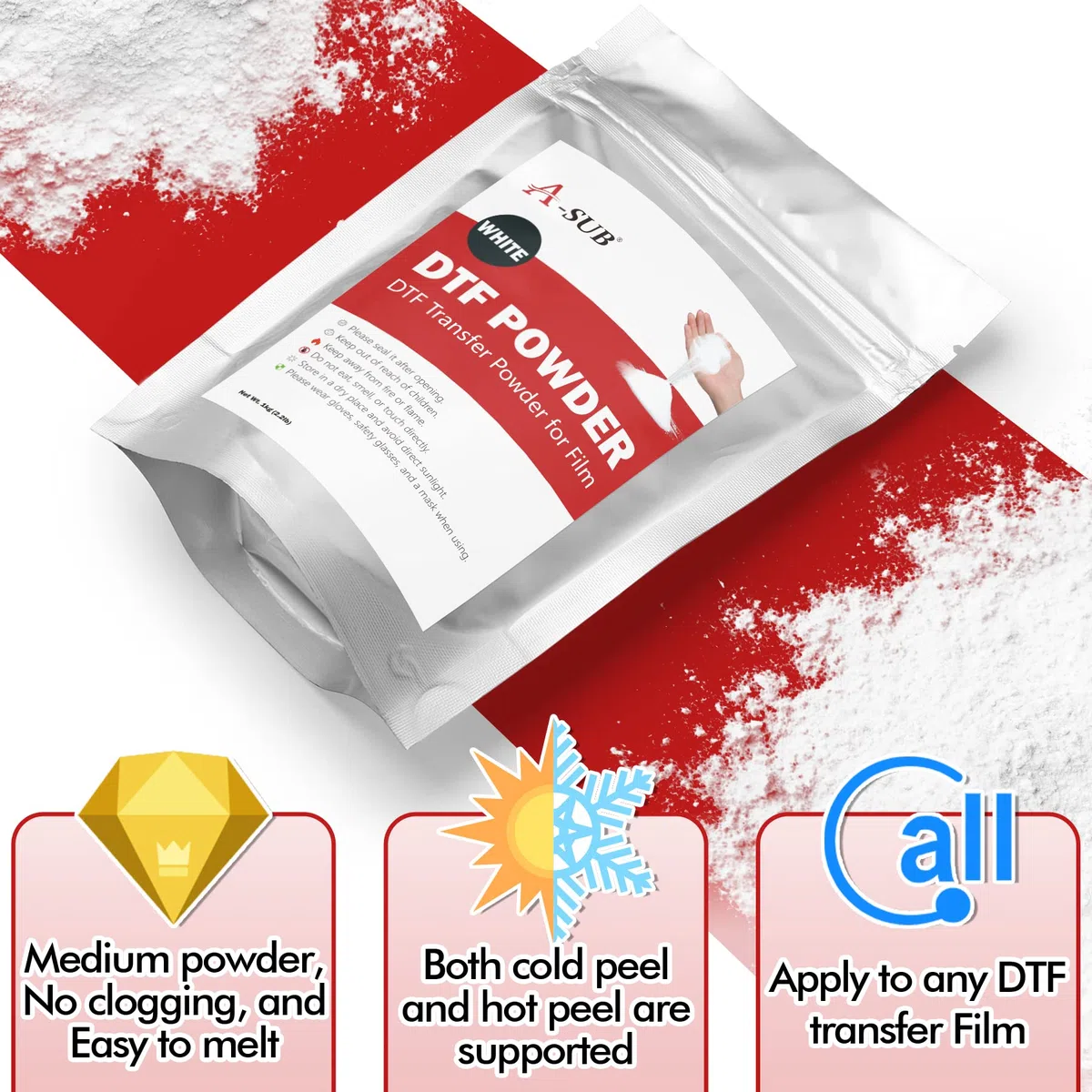 A-SUB DTF Polvere di Trasferimento Bianco 1Kg Adesivo Caldo per Sublimazione - Compatibile Con Pellicola e Stampante DTF per Stampe Digitali su Qualsiasi Materiale