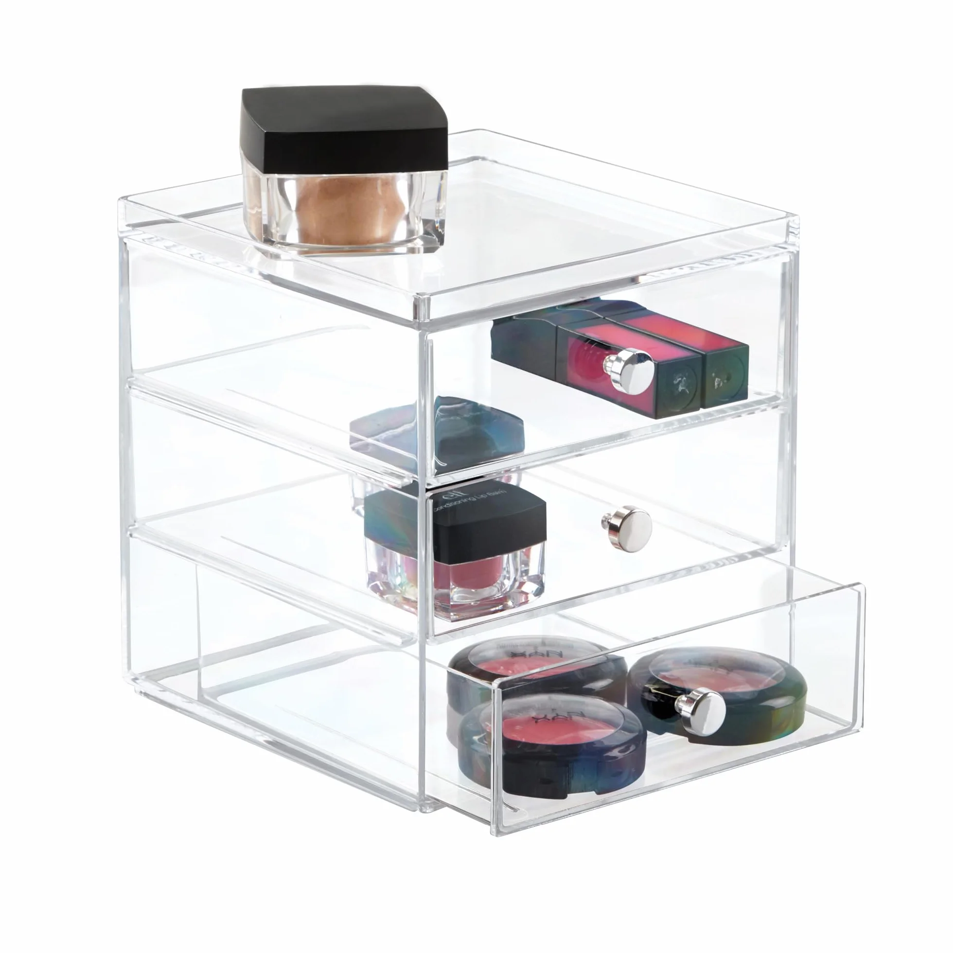 iDesign Porta trucchi con 3 cassetti, Mini cassettiera per make up, cosmetici e gioielli, Organizzatore trucchi impilabile in plastica, trasparente