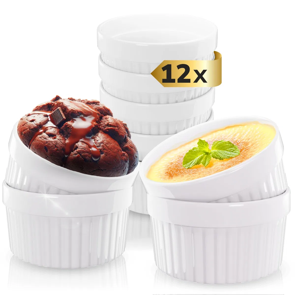 ToCi, pirottini bianchi per crème brûlée, 9 cm, anche per soufflé di cioccolato e altre ricette, in ceramica, Ceramica, Giallo, 12 Item