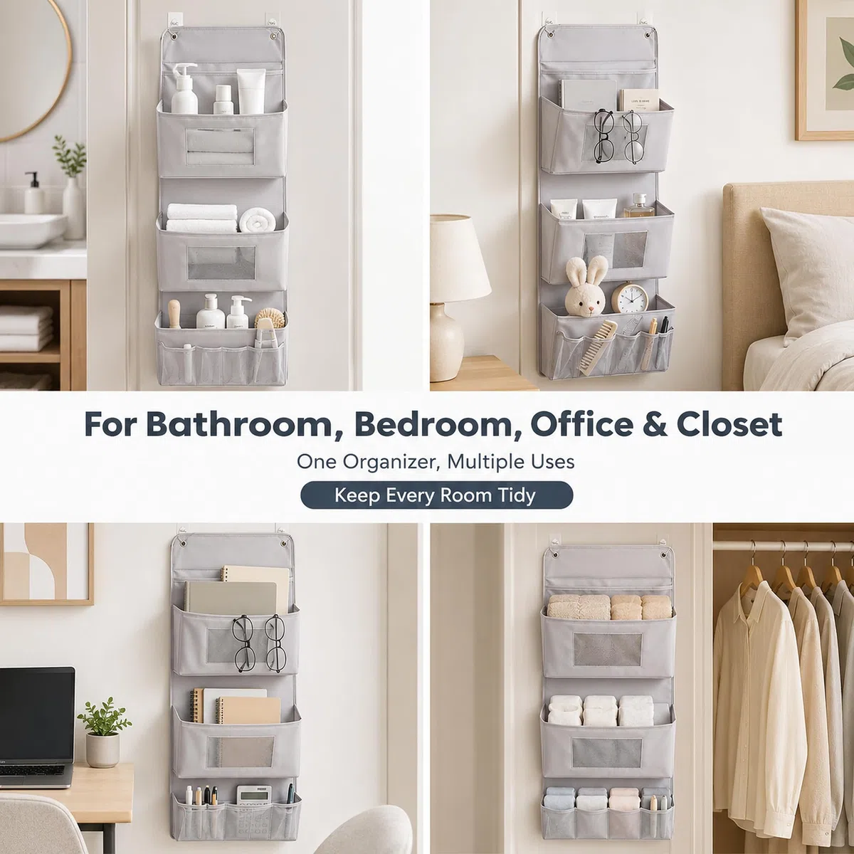 Organizer da appendere a 3 strati, 40 x 90 cm, organizer per porta senza fori, per bagno e guardaroba, organizer da parete pieghevole in tessuto Oxford con 3 tasche, 2 ganci, portaoggetti
