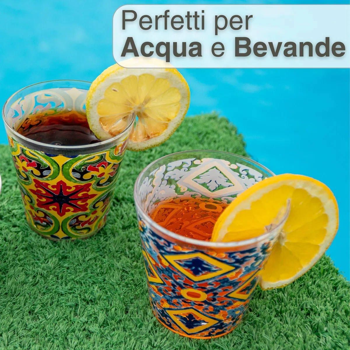 NAMAI - Set 6 Bicchieri Colorati Vetro, 270 ML, Design Unico, Adatti alla Lavastoviglie e Microonde, Vetro Resistente, Colori Vivaci, Idea Regalo, Made In Italy
