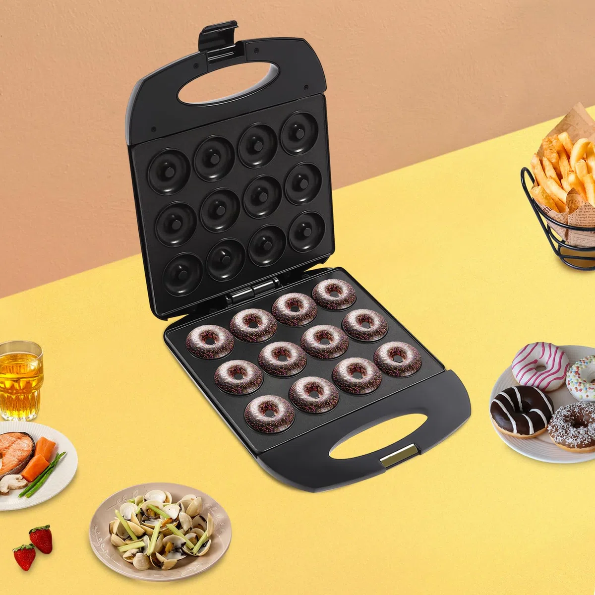 Stampo per ciambelle da 1200 W, con rivestimento antiaderente, nero, 23,5 x 23 x 10 cm