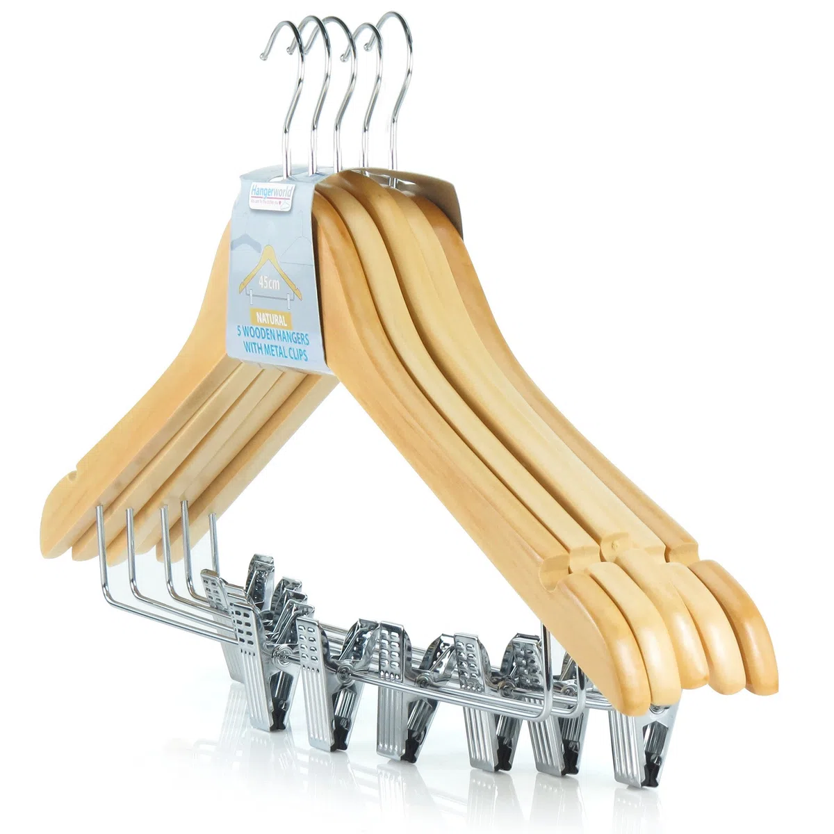 HANGERWORLD 5 Grucce 45cm in Legno Laccato Naturale con Pinze in Metallo per Gonne e Pantaloni
