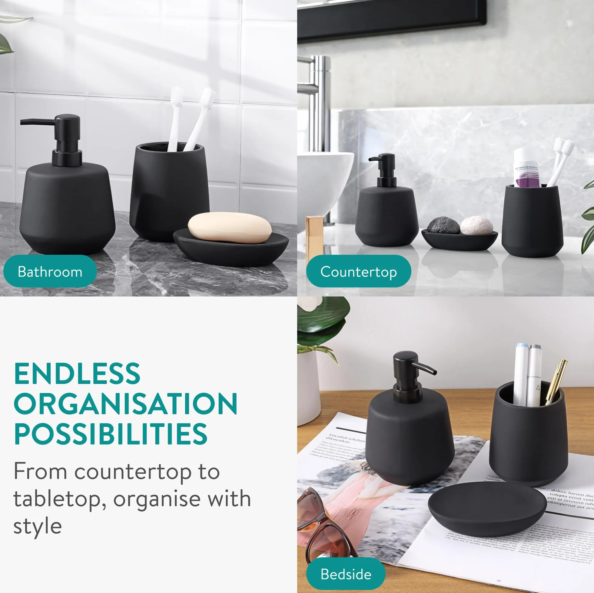 Navaris Set da Bagno Accessori Completo Nero - Include Portasapone Liquido Porta Sapone e Porta Spazzolini - Kit Bagno Moderno - in Ceramica Nera - Design Antiscivolo - Versatile