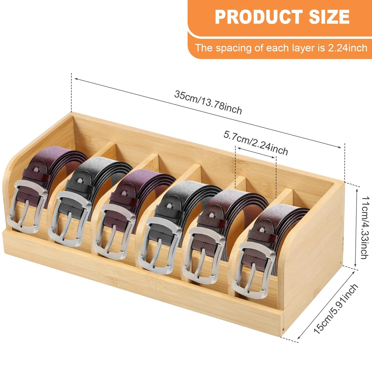 Organizzatore per cinture con 6 scomparti, contenitore per cinture per armadio e cassetto, vetrina in bambù per cinture, scatola per cinture per uomini e donne, cravatta, gioielli, orologi (Nebel)