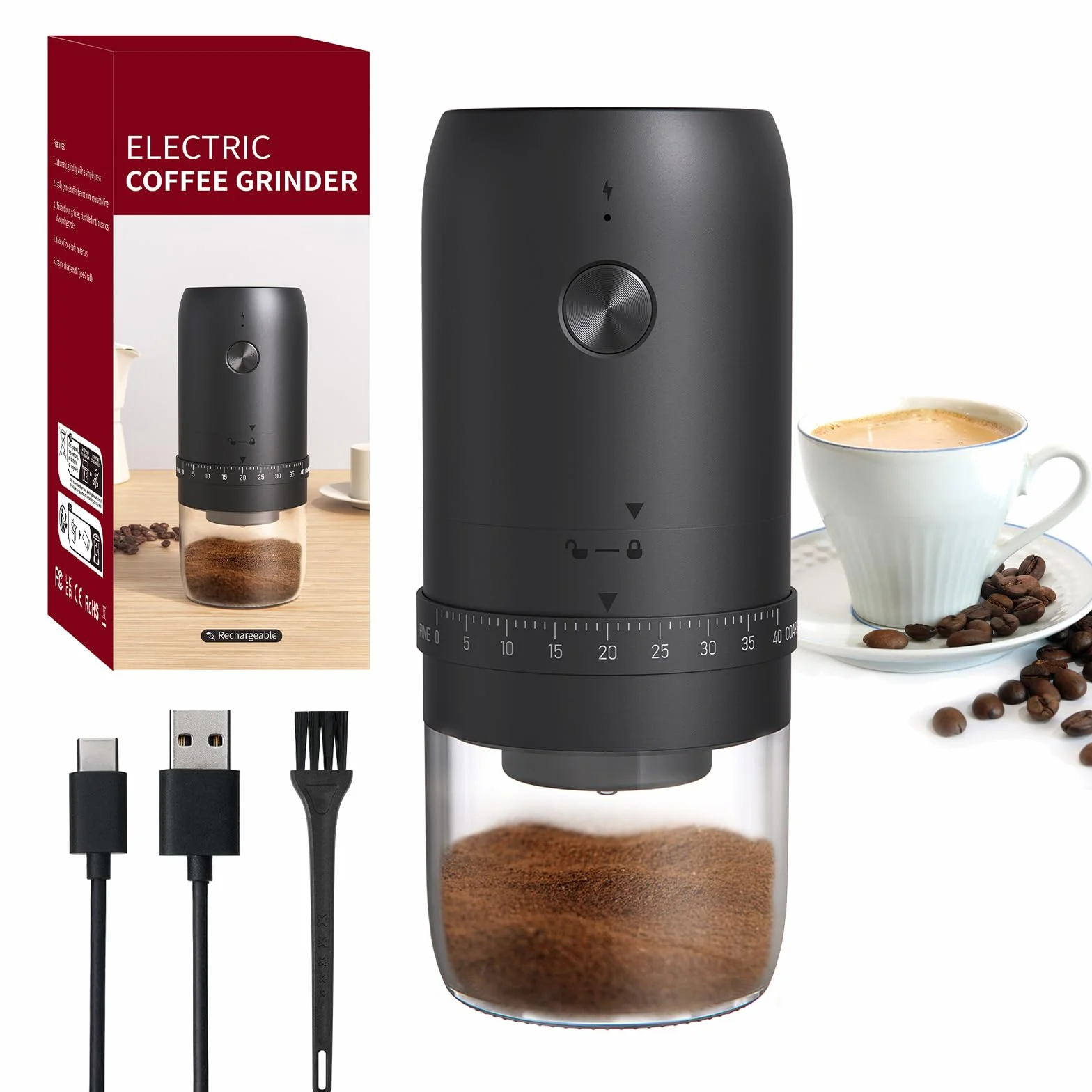 HOTUT Macinacaffè Elettrico, Macina Caffè Portatile a Batteria con Macina Conica in Ceramica, 40 Impostazioni Regolabili, USB Ricaricabile Macinacaffè Senza Fili per Viaggi Campeggio Ufficio Espresso