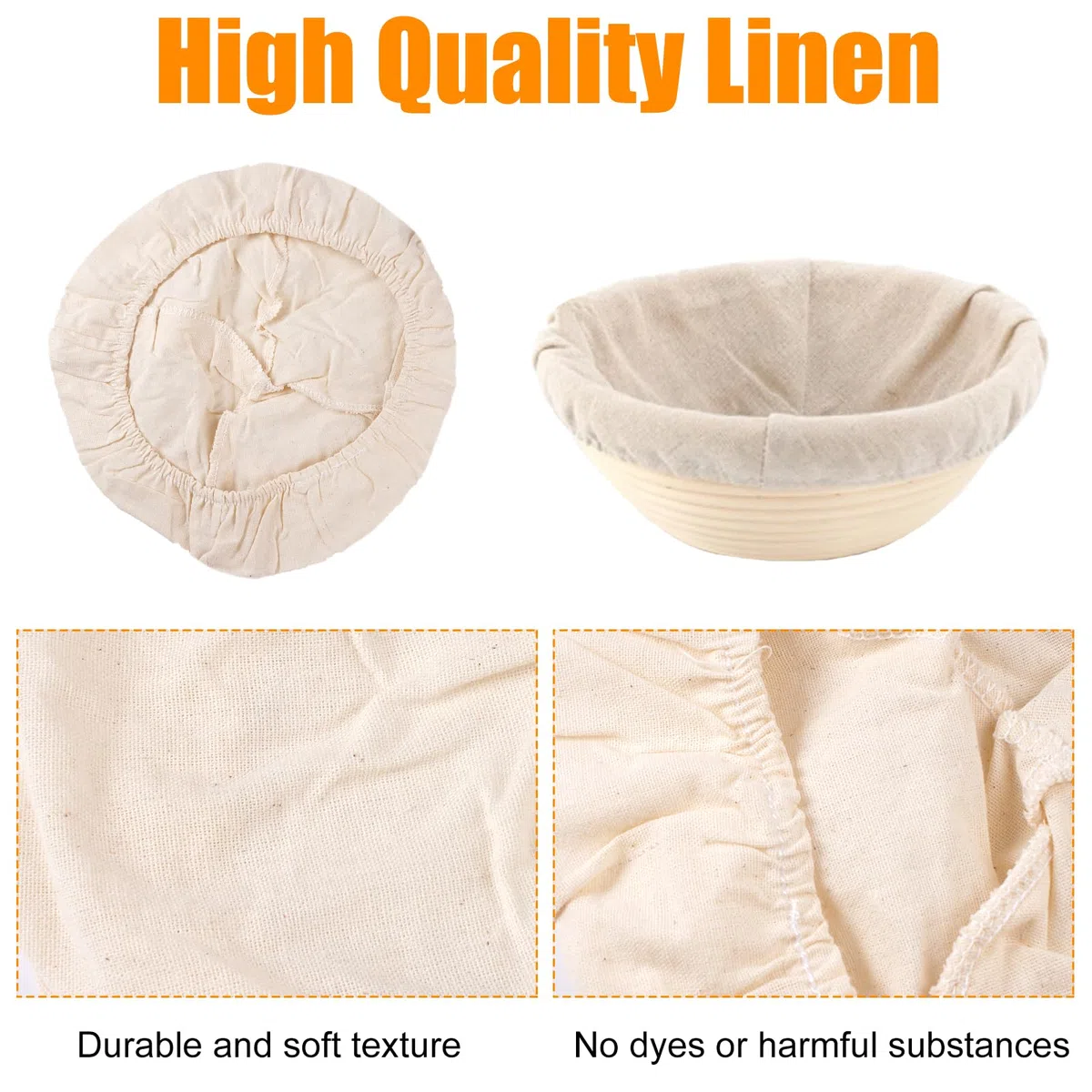 4 + 2 Pezzi 25 Cm Cestino Lievitazione Pane & 28 Cm Coperchio per Lievitazione del Pane, Inserto in Lino per Cestini di Lievitaziones per Di Cucina, Cottura in Casa
