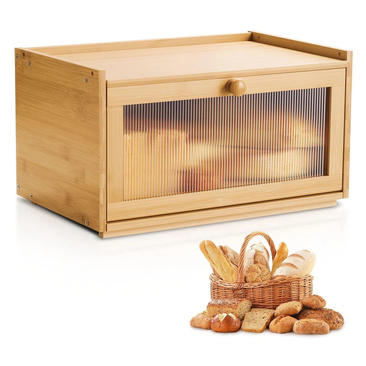 VEVOR Contenitore per Pane da Cucina 400 x 250 x 220 mm Contenitore per Pagnotta in Legno di Bambù per Pane Fatto in Casa, con Pannello Porta in Acrilico Ondulato, Forma di Rettangolo