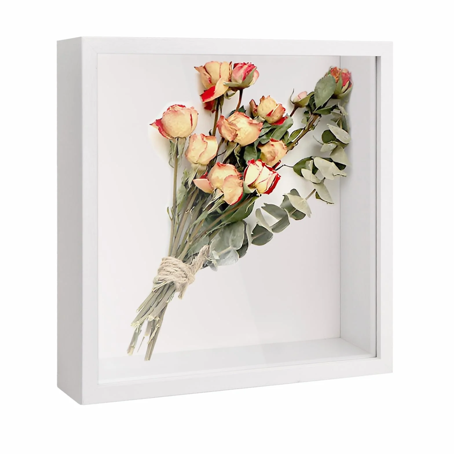 Cornice 3D Profonda per Oggetti, Cornice Portafoto 3D con Foglio Acrilico Trasparente, 3D Ombra Profonda Box, Cornice Contenitore per Medaglia Fiore Regali Souvenir (27x27cm, Bianco)