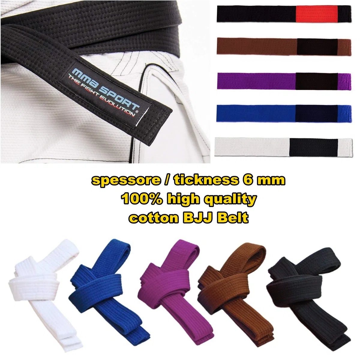 mmasport Cintura BJJ Belt Jiu Jitsu Kimono - gi 100% Cotone 6 mm