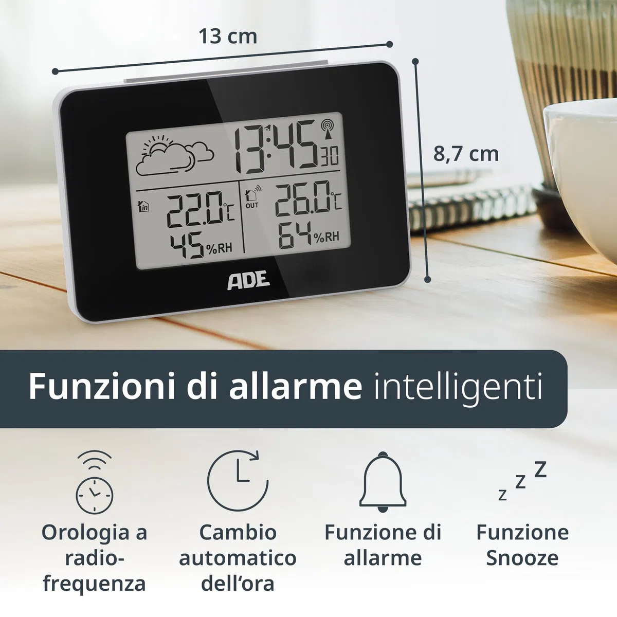 ADE Stazione meteo Digitale con Sensore Esterno | Termometro Digitale Ambiente Interno Esterno | Igrometro Umidità | Sveglia | Display a LED illuminato | nero