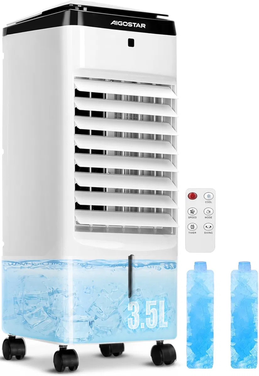 Aigostar Olaf - Raffrescatore evaporativo con telecomando a 3 modalità di vento e velocità. Con timer per lo spegnimento auto. Serbatoio d’acqua da 3.5L. Base con ruota girevole per lo spostamento