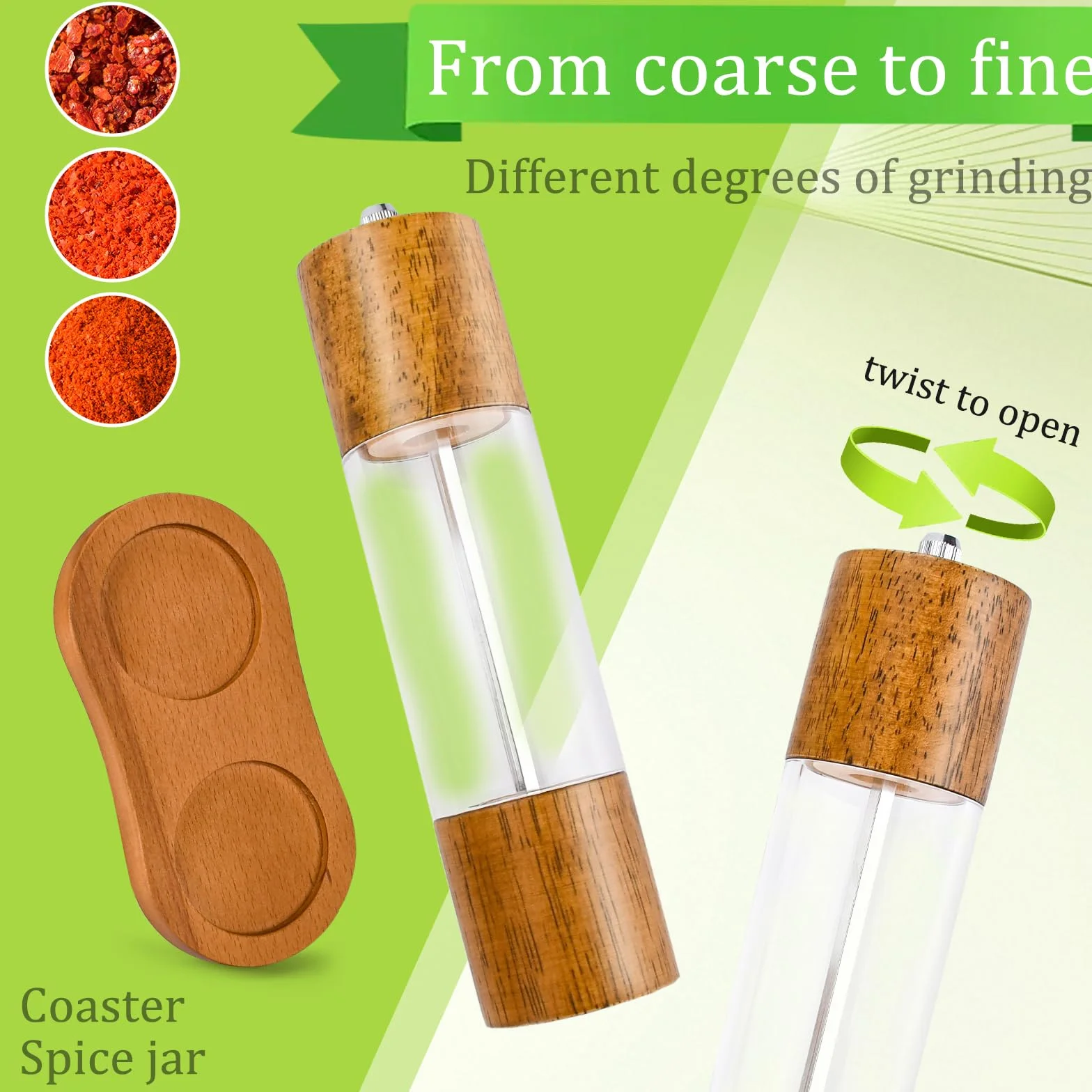 Macina Pepe,Macina Sale Pepe,Set Macina Sale e Pepe in Legno,Ceramico Regolabile Macinapepe,Macinino per Pepe con Trasparenti Finestra in Acrilico,per Cumino Erba Sesamo,Spezie, Finocchi