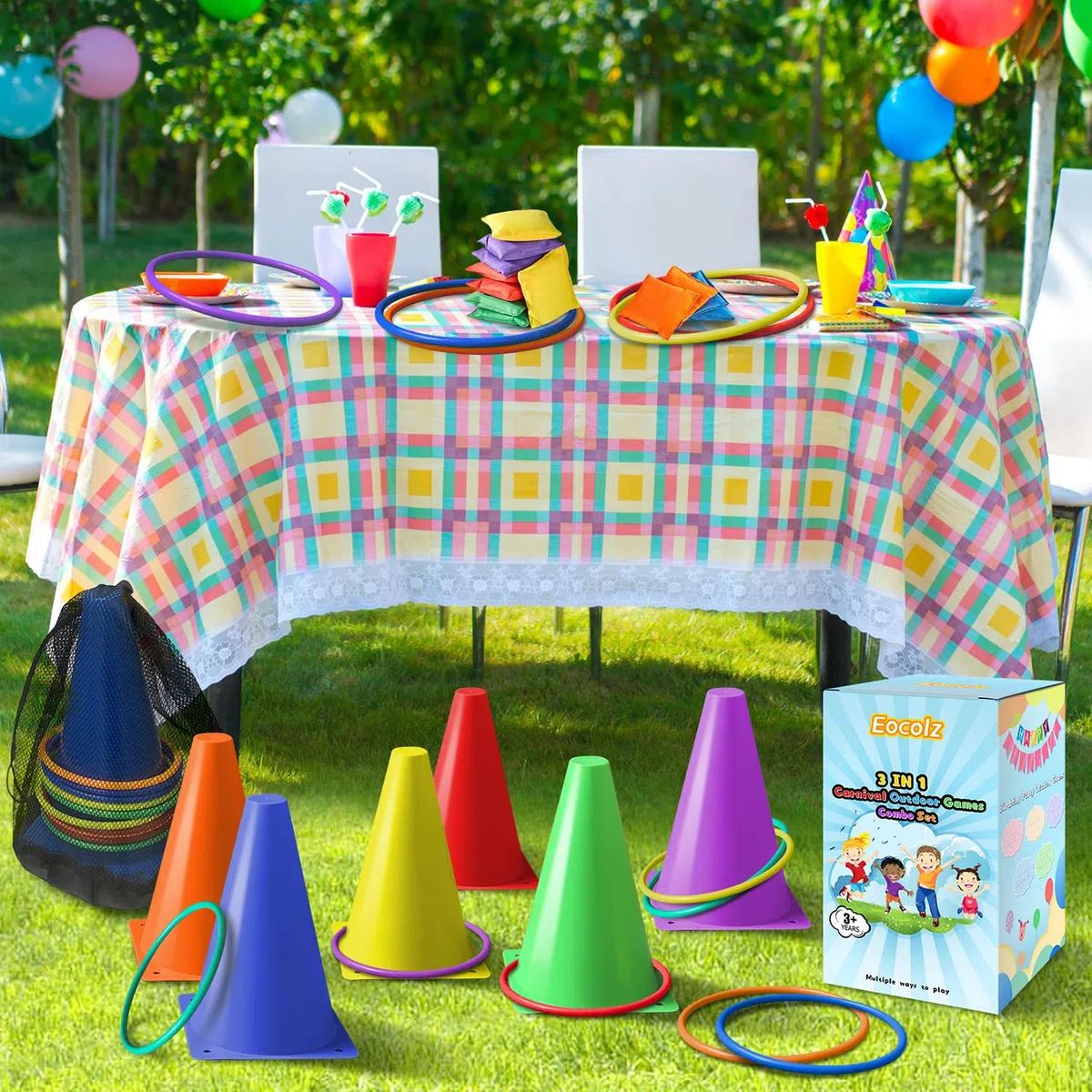 Eocolz Set di giochi di carnevale 3 in 1, coni in plastica morbida per fagioli ad anello, giochi per bambini, feste di compleanno, giochi all'aperto, forniture per giochi da 32 pezzi